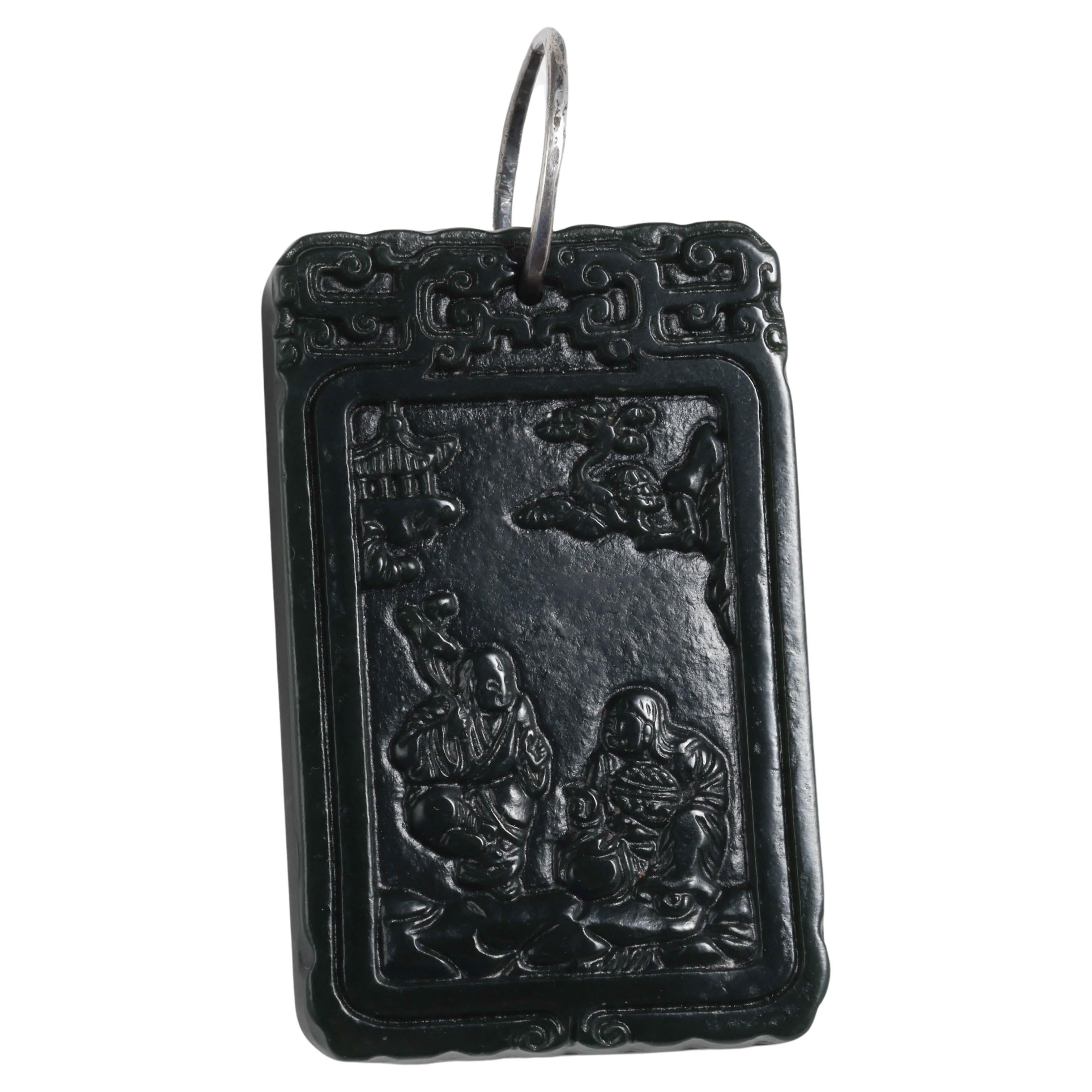 Ancienne tablette en jade néphrite noire sculptée de la période de la dynastie Qing, non traitée en vente