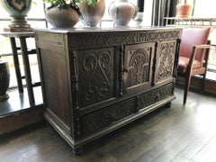 Antique Carved Black Oak Pilgrim's Trunk