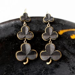 Antique Carved Bog Oak Shamrock Drop Earrings, Irish 19th C. Victorian Gothic