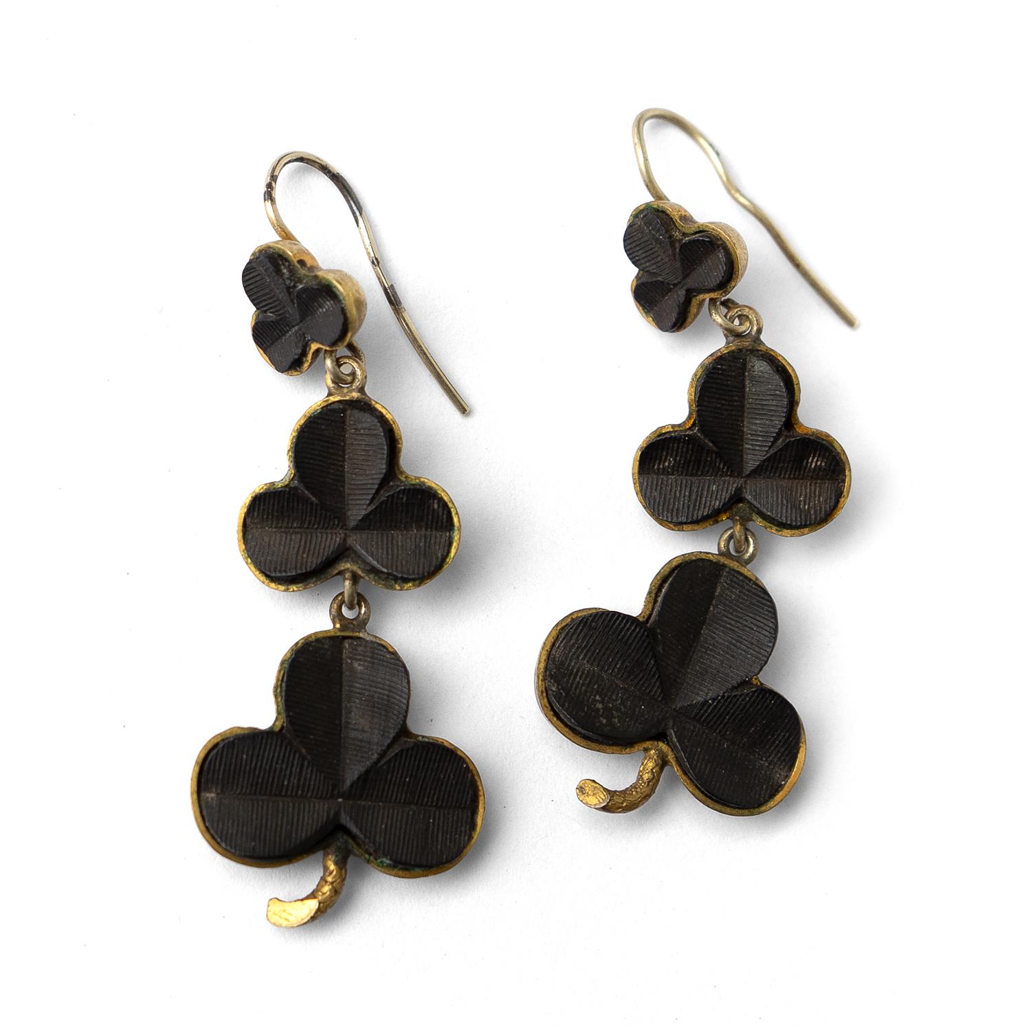 19th Century Antique Carved Bog Oak Shamrock Drop Earrings, Irish 19th C. Victorian Gothic