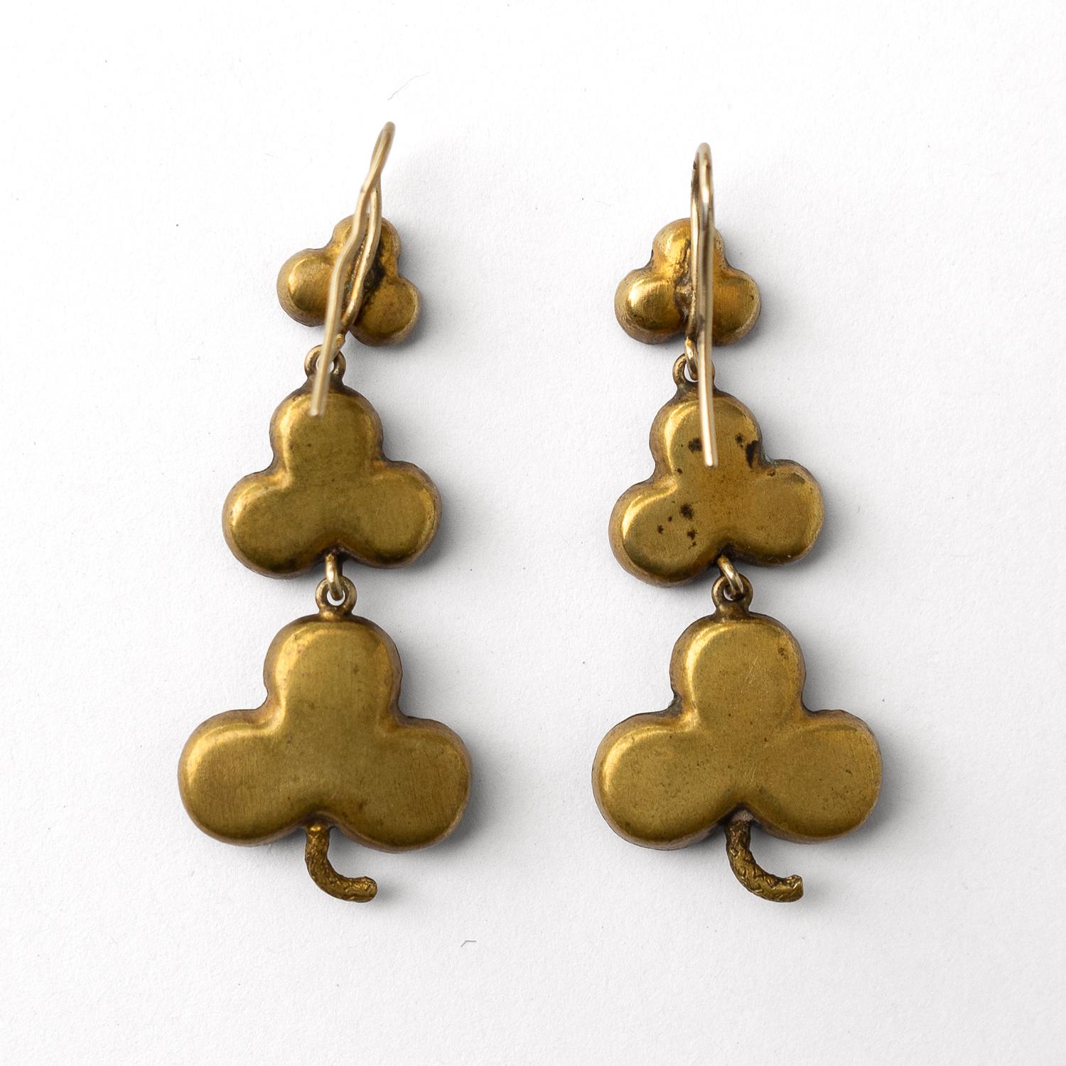 Bog Wood Antique Carved Bog Oak Shamrock Drop Earrings, Irish 19th C. Victorian Gothic