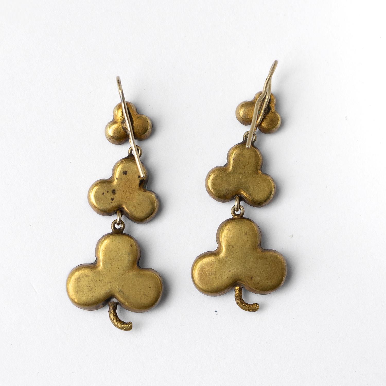 Antique Carved Bog Oak Shamrock Drop Earrings, Irish 19th C. Victorian Gothic 1
