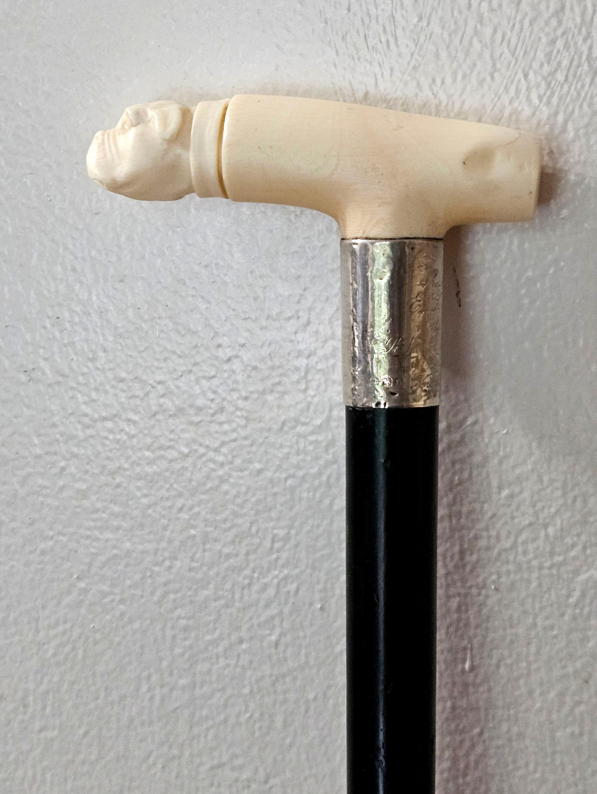 English Antique Carved Bone Bulldog Head Walking Stick Cane Signed 