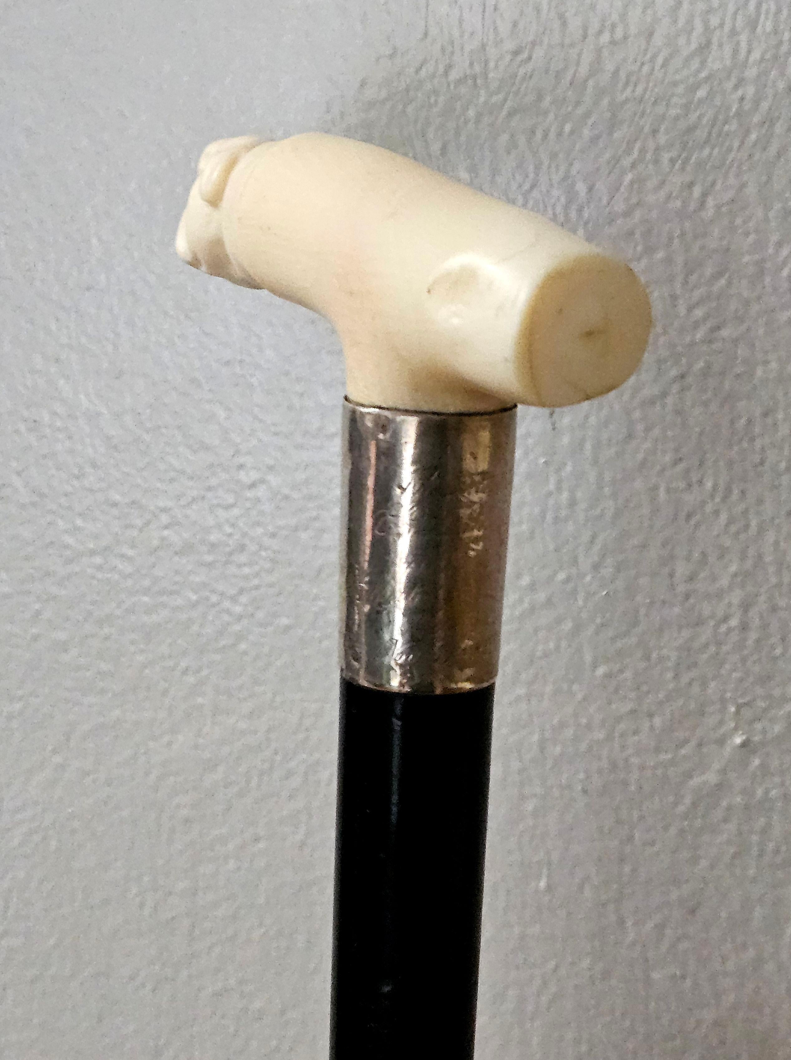Hand-Crafted Antique Carved Bone Bulldog Head Walking Stick Cane Signed 