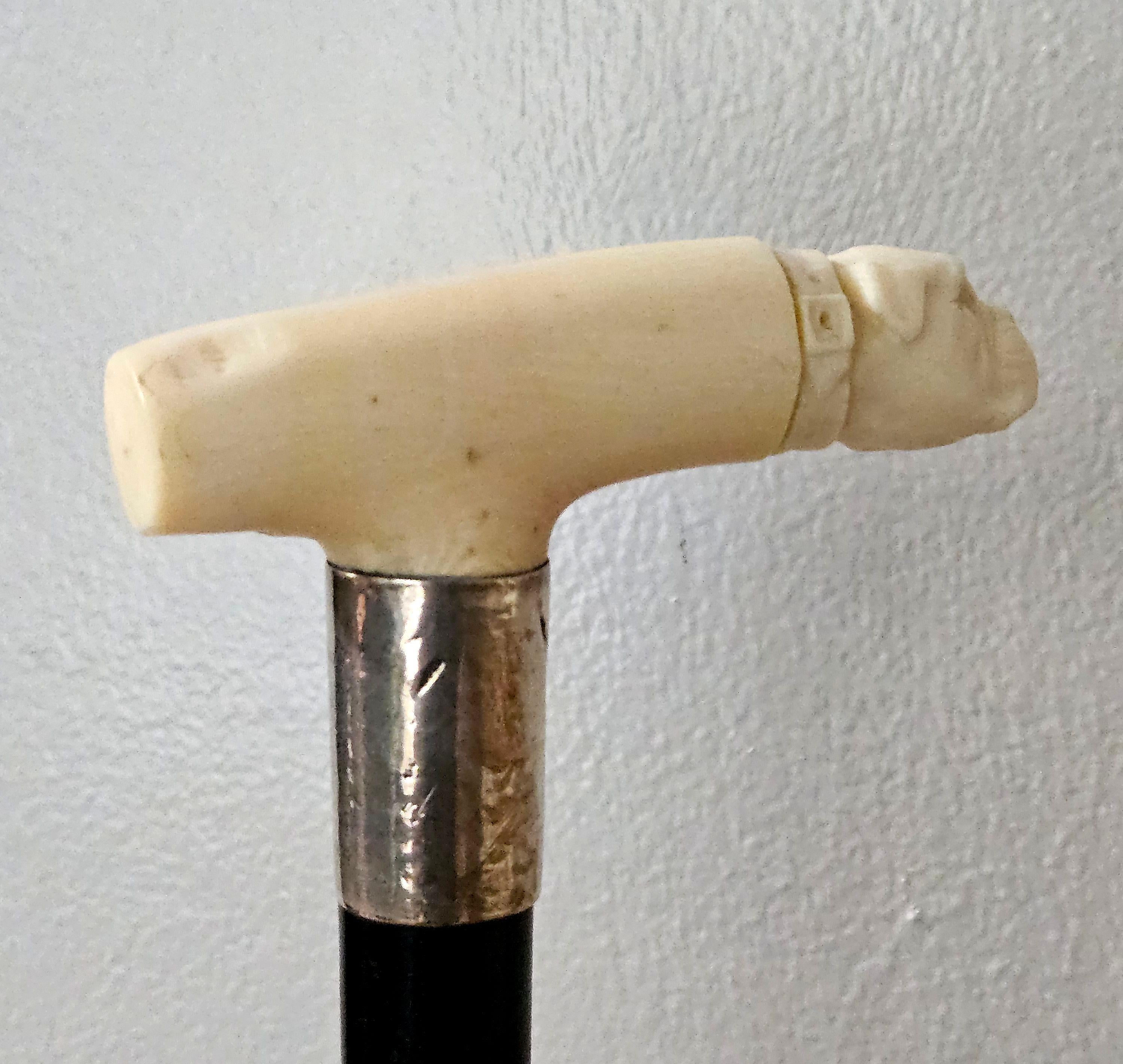 Antique Carved Bone Bulldog Head Walking Stick Cane Signed 