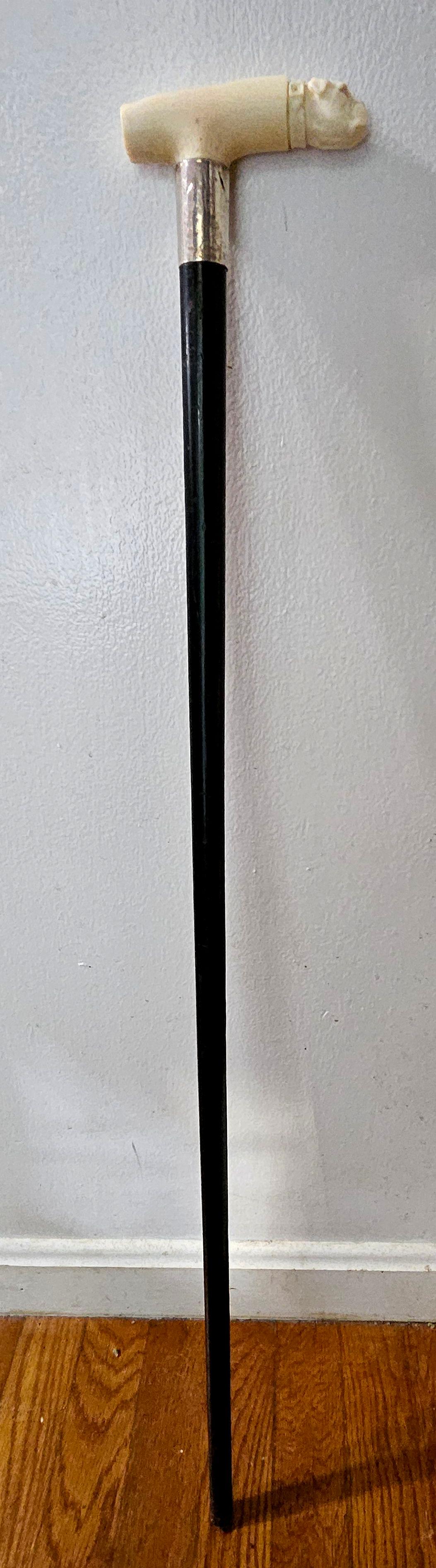 Early 20th Century Antique Carved Bone Bulldog Head Walking Stick Cane Signed 