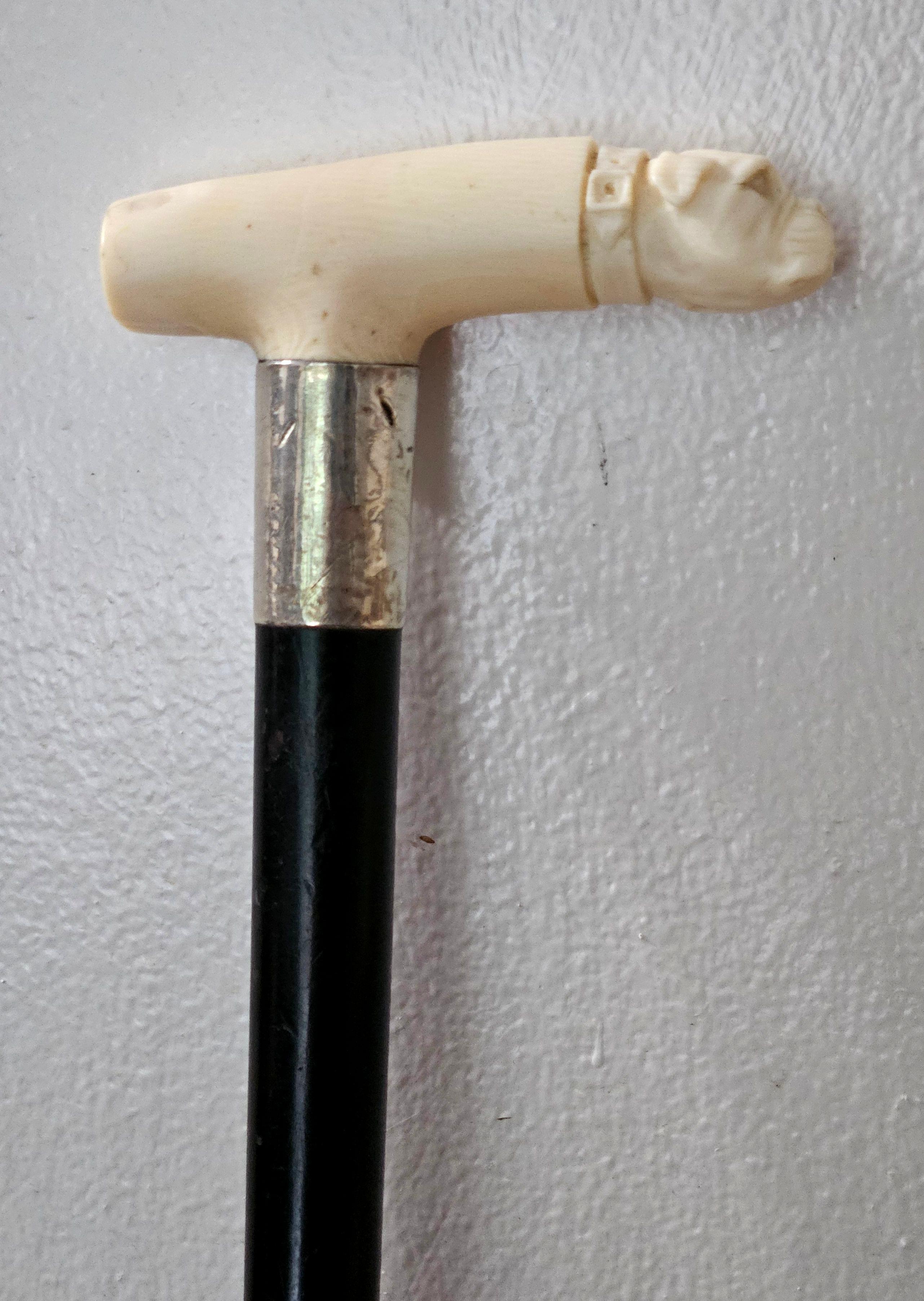 Silver Antique Carved Bone Bulldog Head Walking Stick Cane Signed 