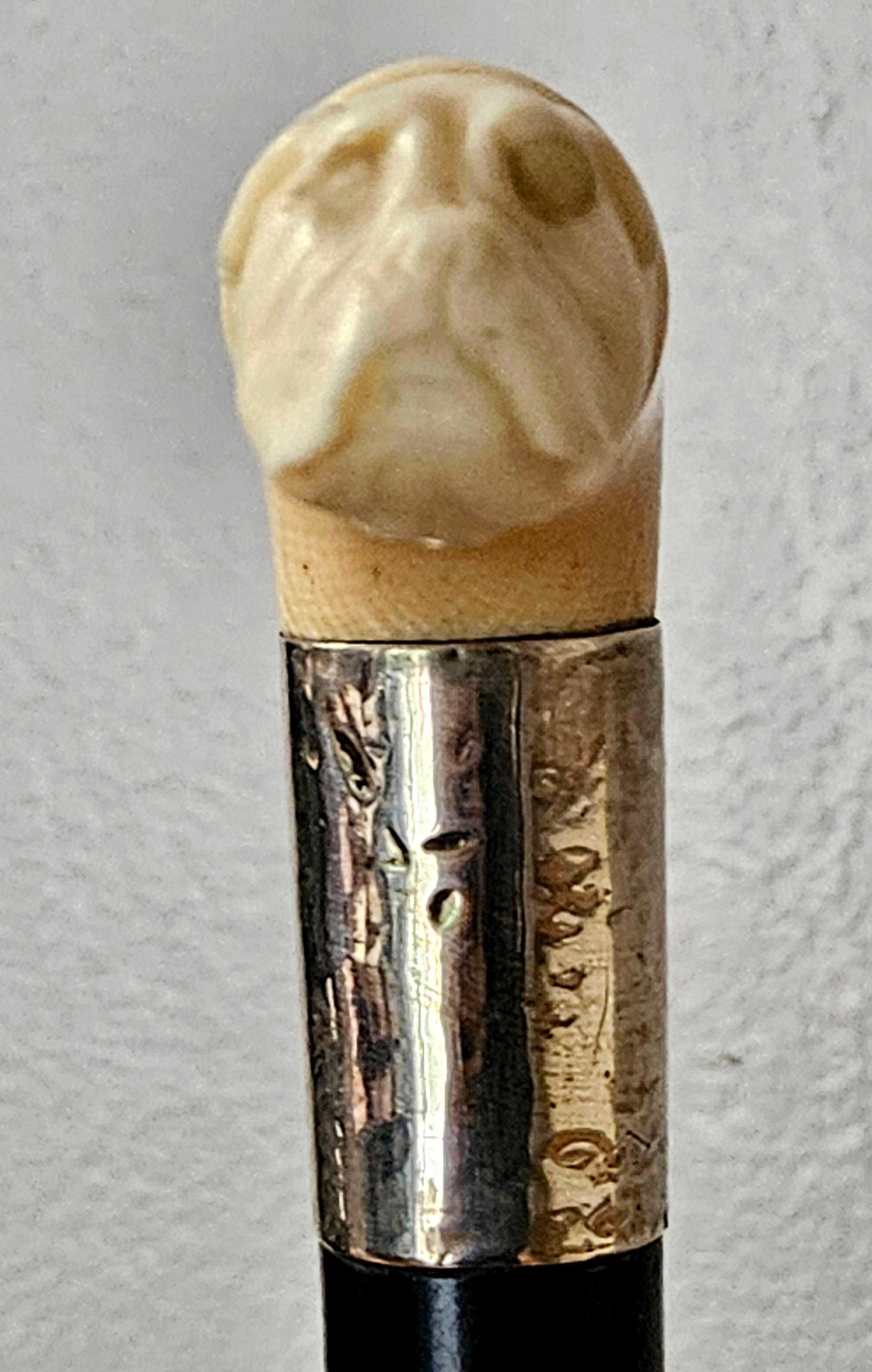 Antique Carved Bone Bulldog Head Walking Stick Cane Signed 