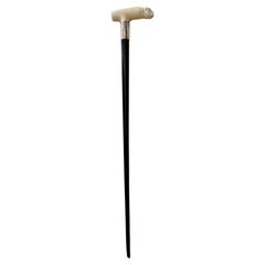 Antique Carved Bone Bulldog Head Walking Stick Cane Signed "TARiK 1905"