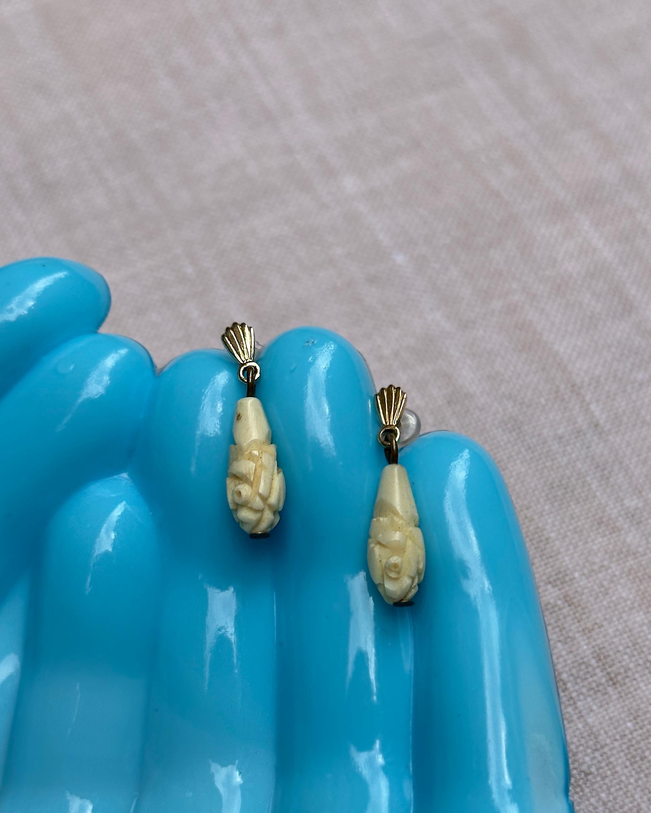 Antique Carved Bone Drop Earrings For Sale 1