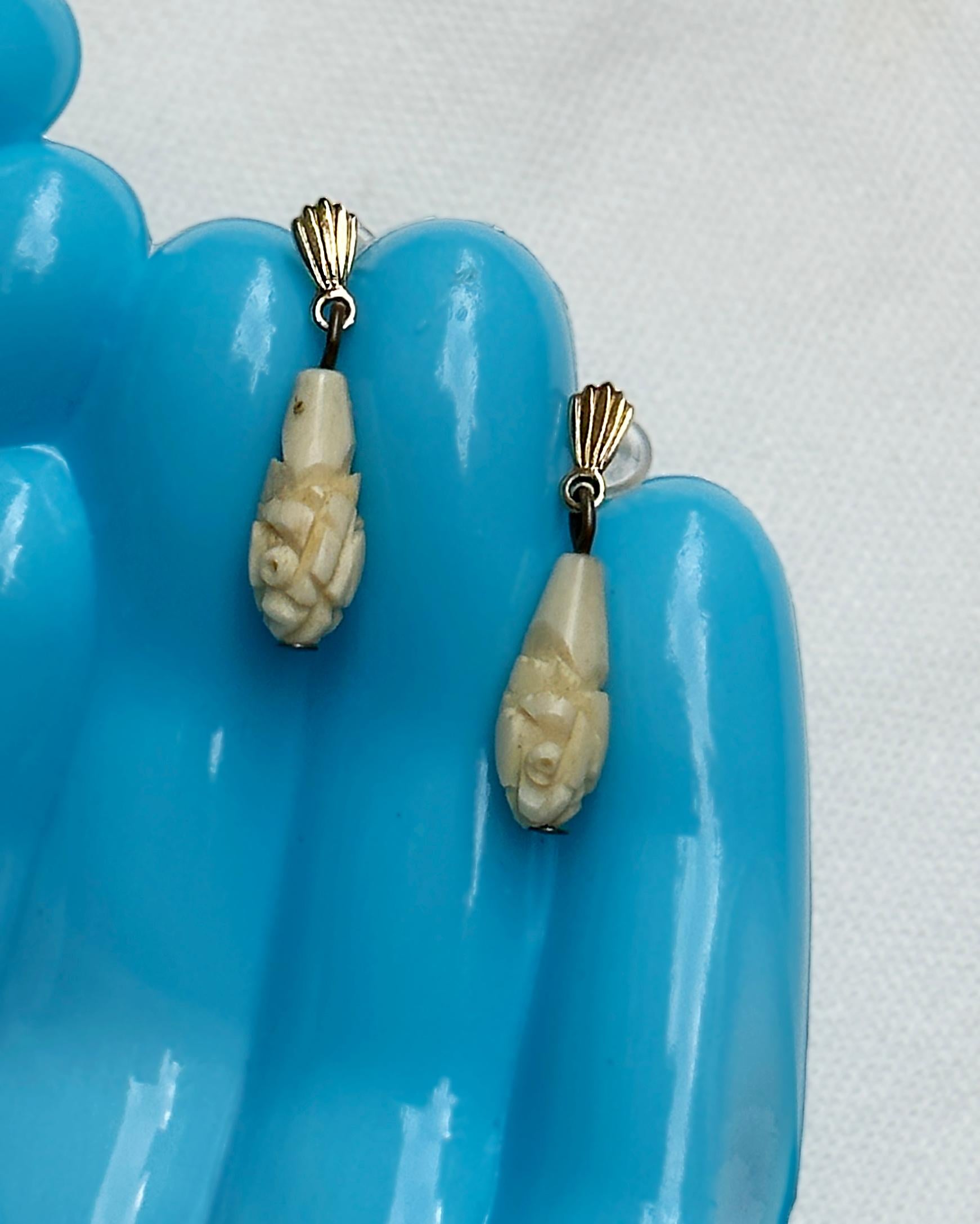 Antique Carved Bone Drop Earrings For Sale 2