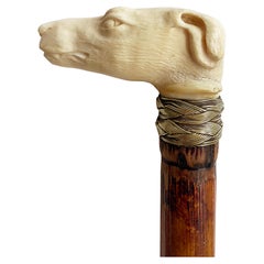 Antique Carved Bone Greyhound Dog Bamboo Walking Stick with Braided Banding