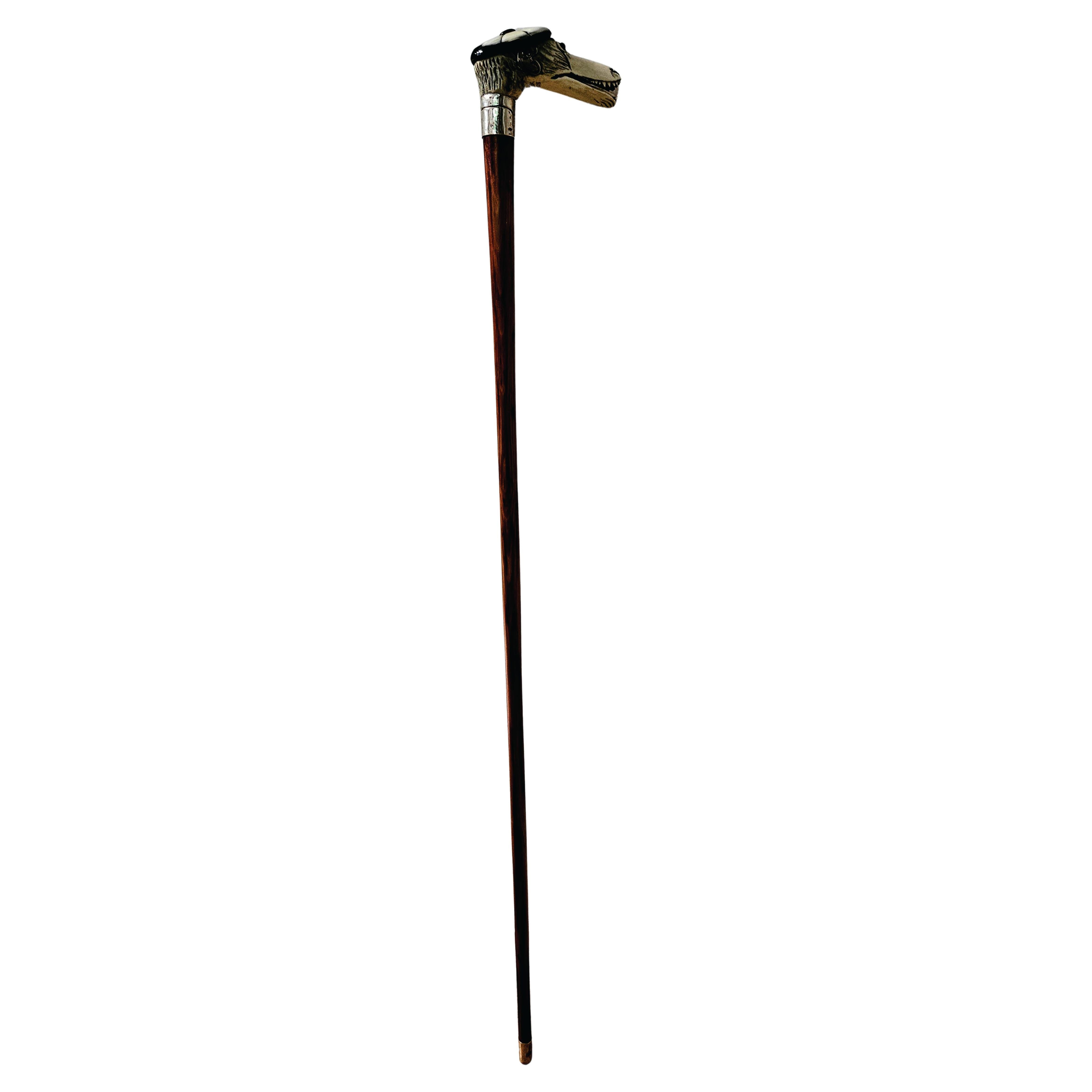 Antique Carved Bone Monkey Head Walking Stick Cane Signed "TARiK 1905"