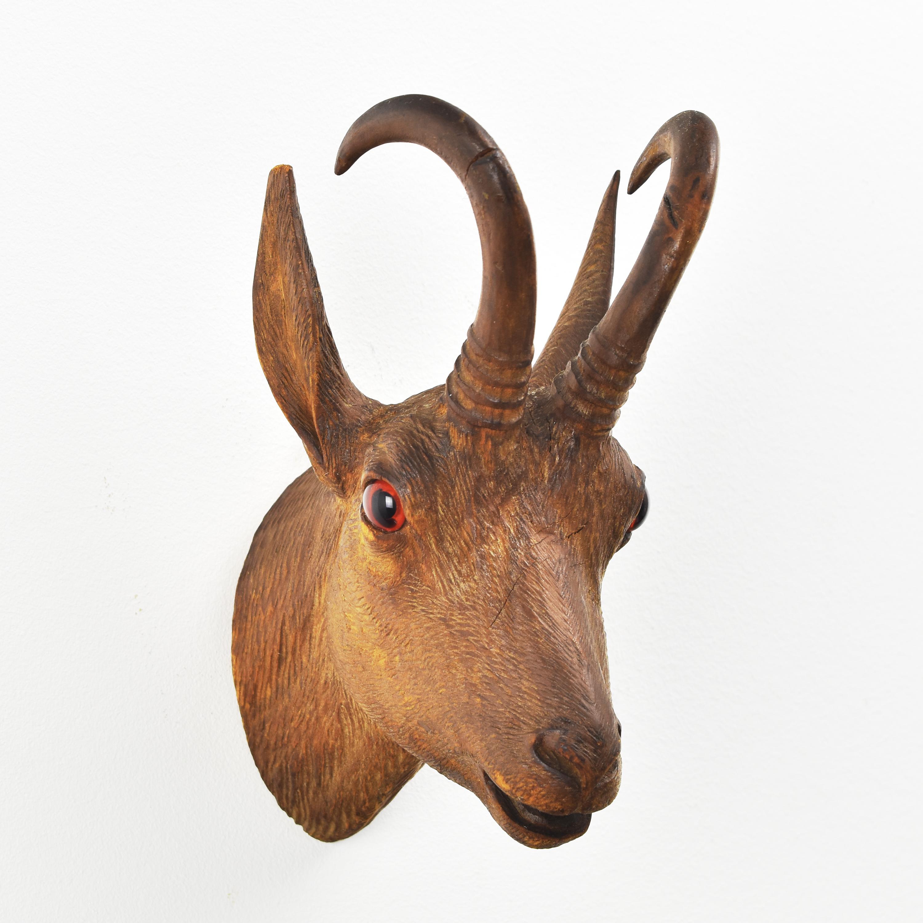 German Antique Carved Buck Head Brienz Black Forest Wood Carving Glass Eyes For Sale