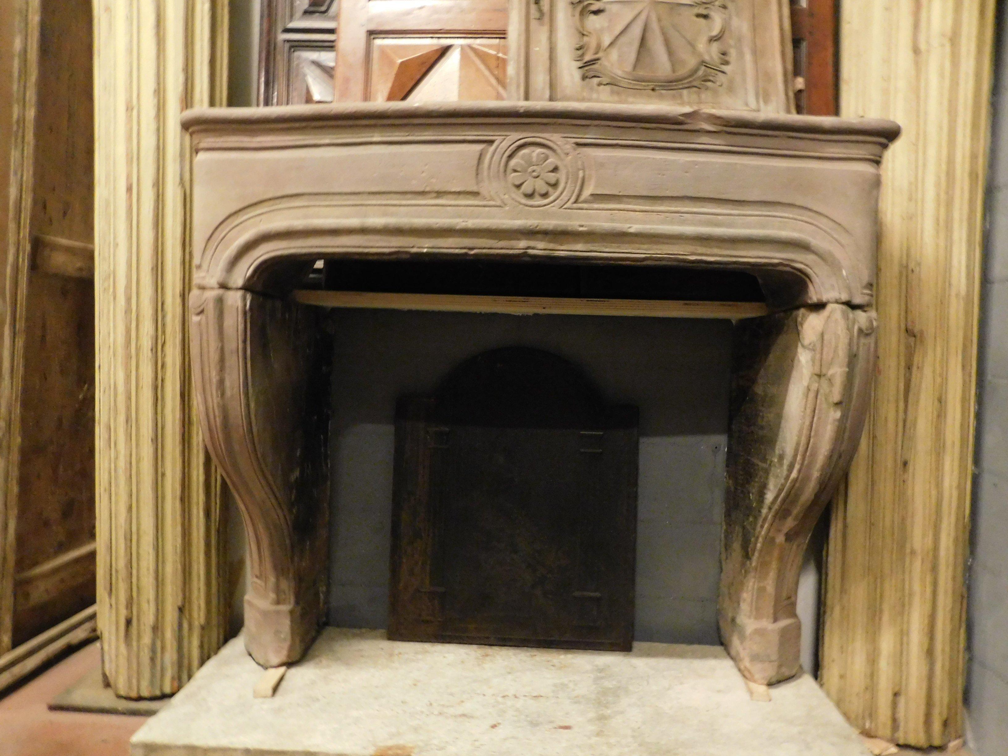 French Antique Carved Burgundy Stone Fireplace, 18th Century, France