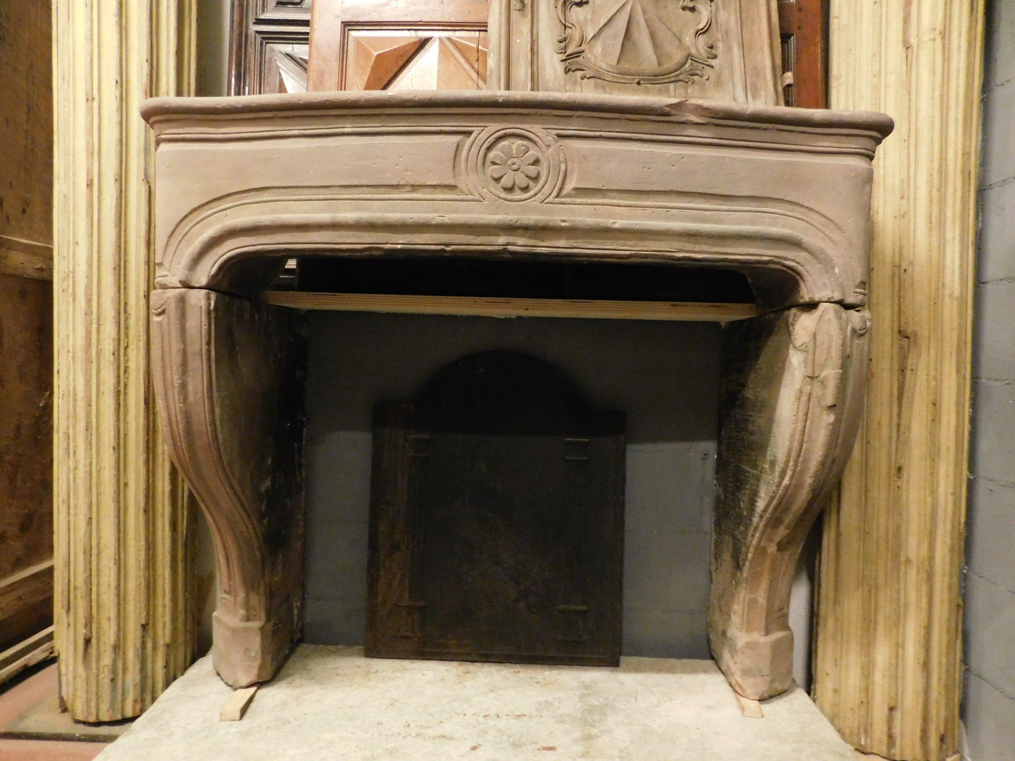 Hand-Carved Antique Carved Burgundy Stone Fireplace, 18th Century, France