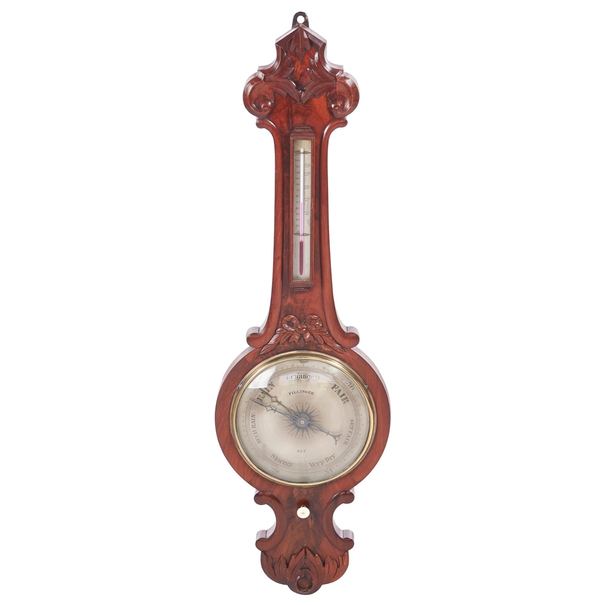 Antique Carved Burr Walnut Banjo Barometer, circa 1880 For Sale