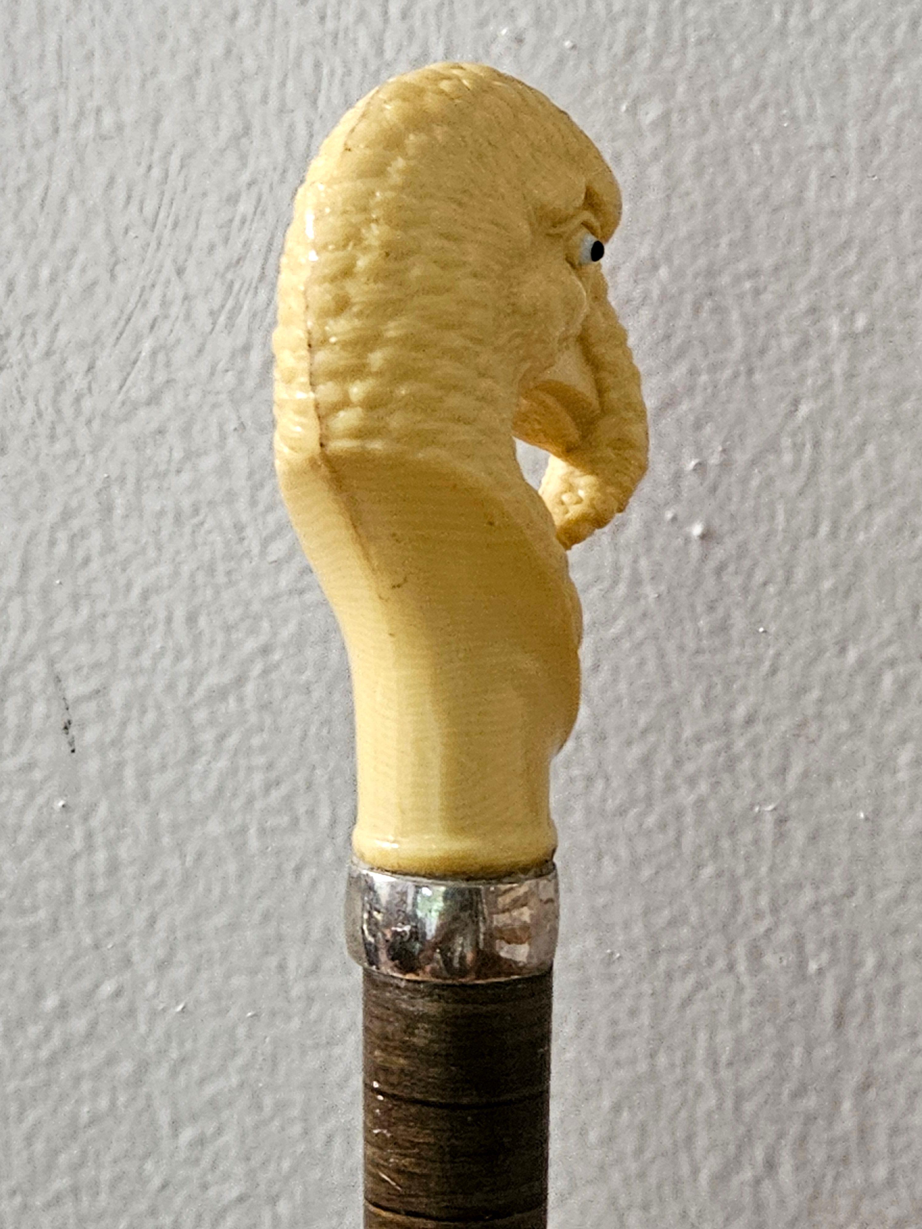Argent Canne bâton de marche antique en celluloïd sculpté à tête de dinde en vente