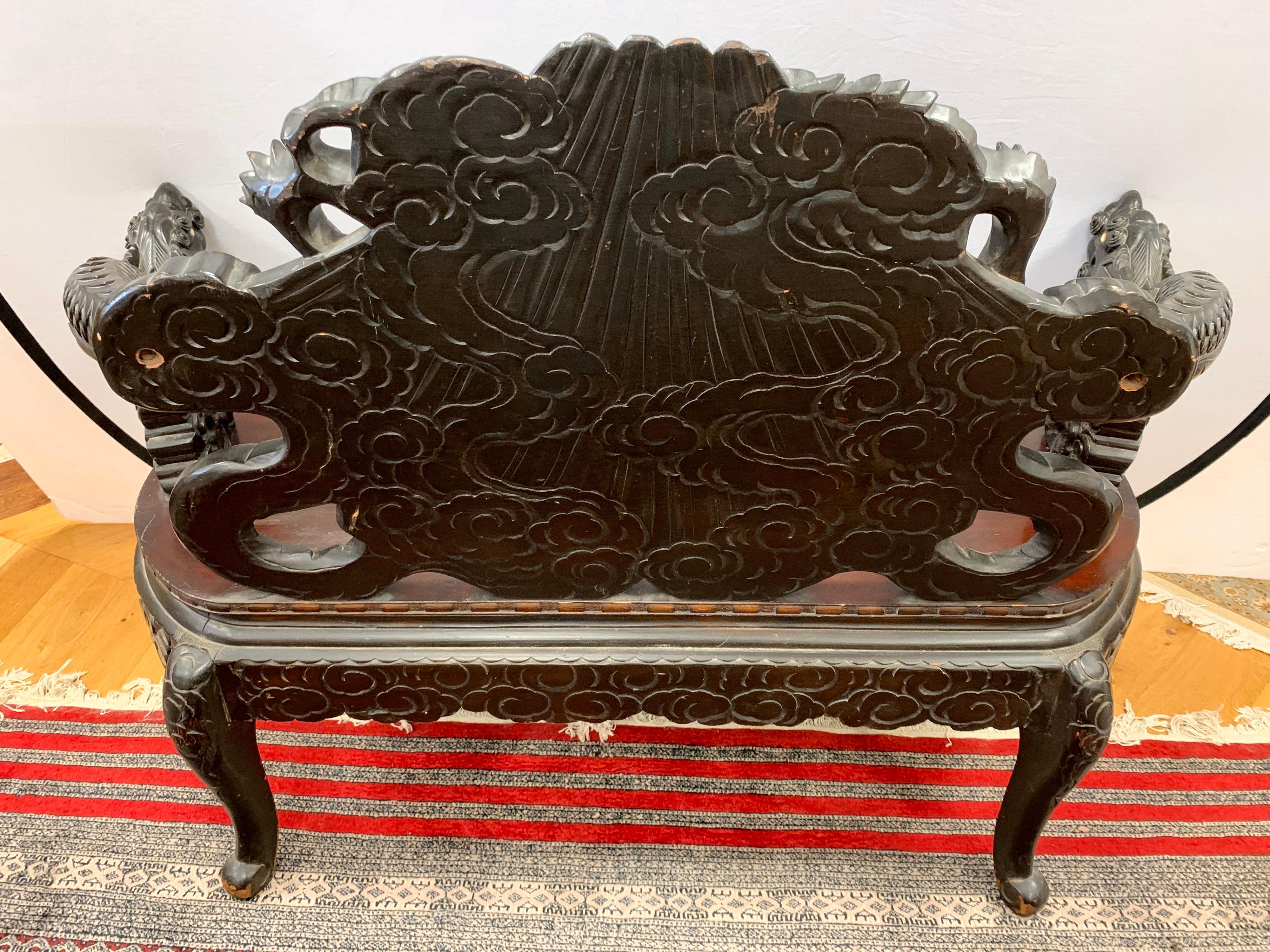 Antique Carved Chinese Dragon Bench Settee 3