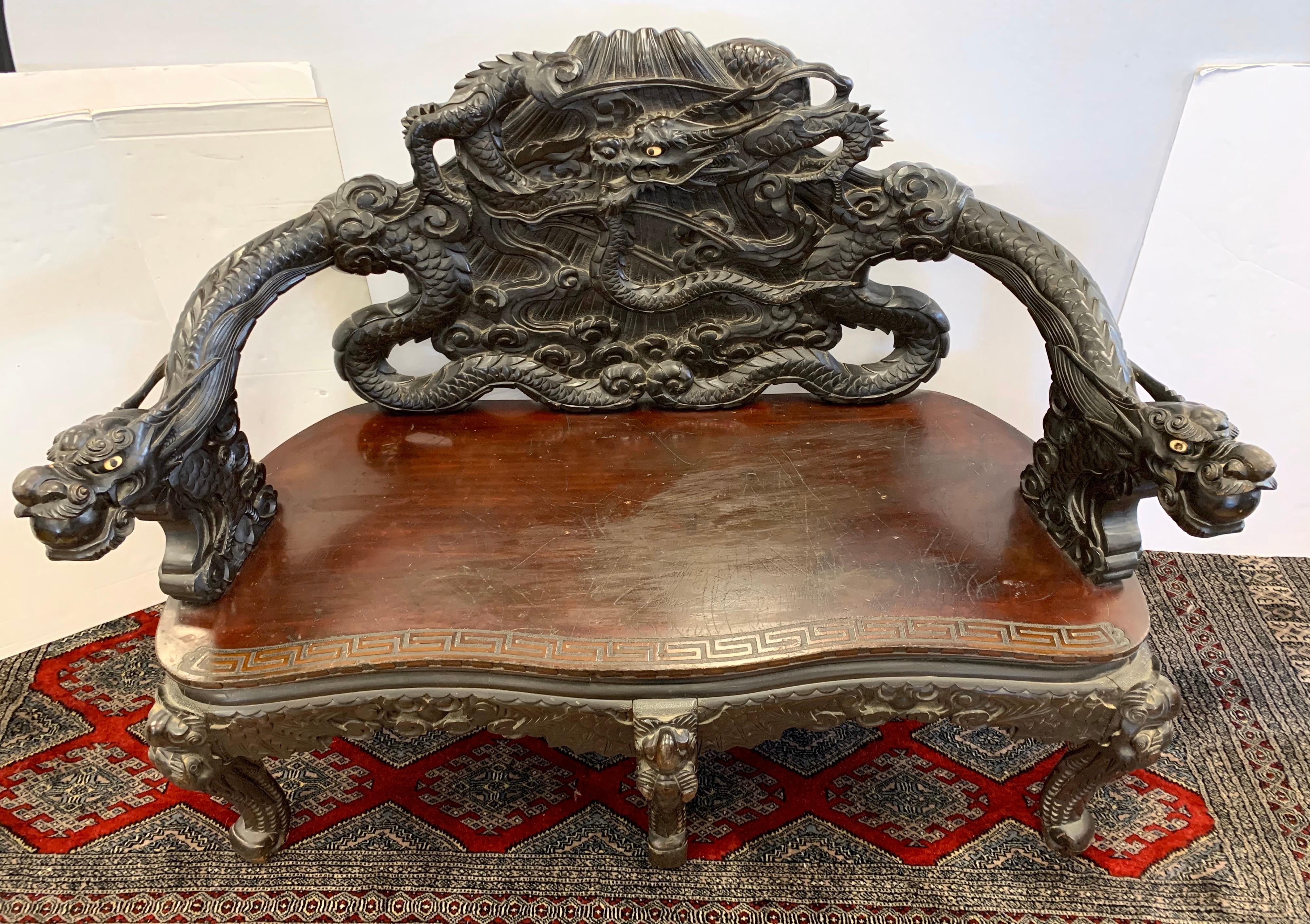 Chinese Export Antique Carved Chinese Dragon Bench Settee