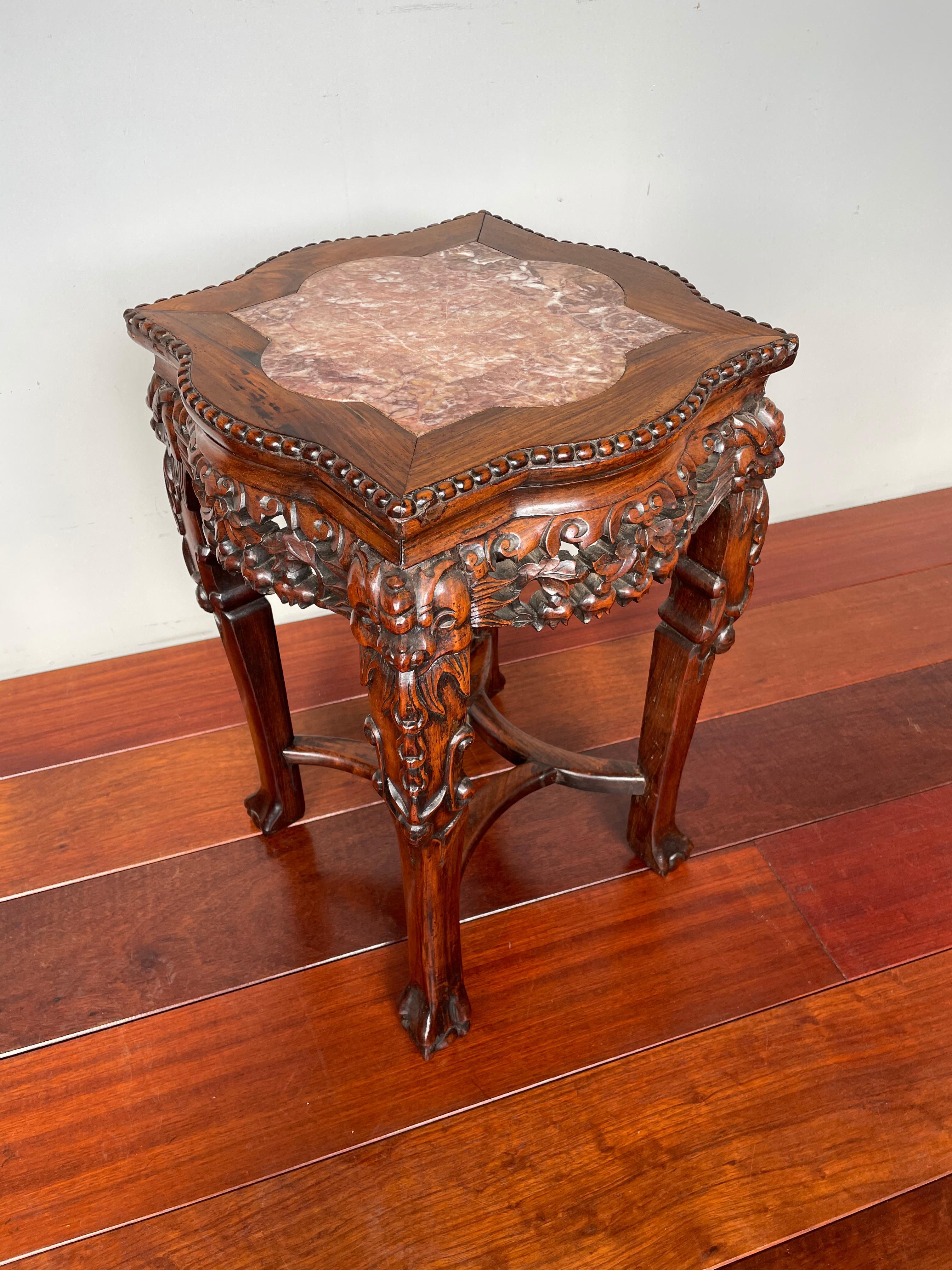 Antique Hand Carved Chinese Walnut & Marble Plant Stand / End Table w. Signature 2