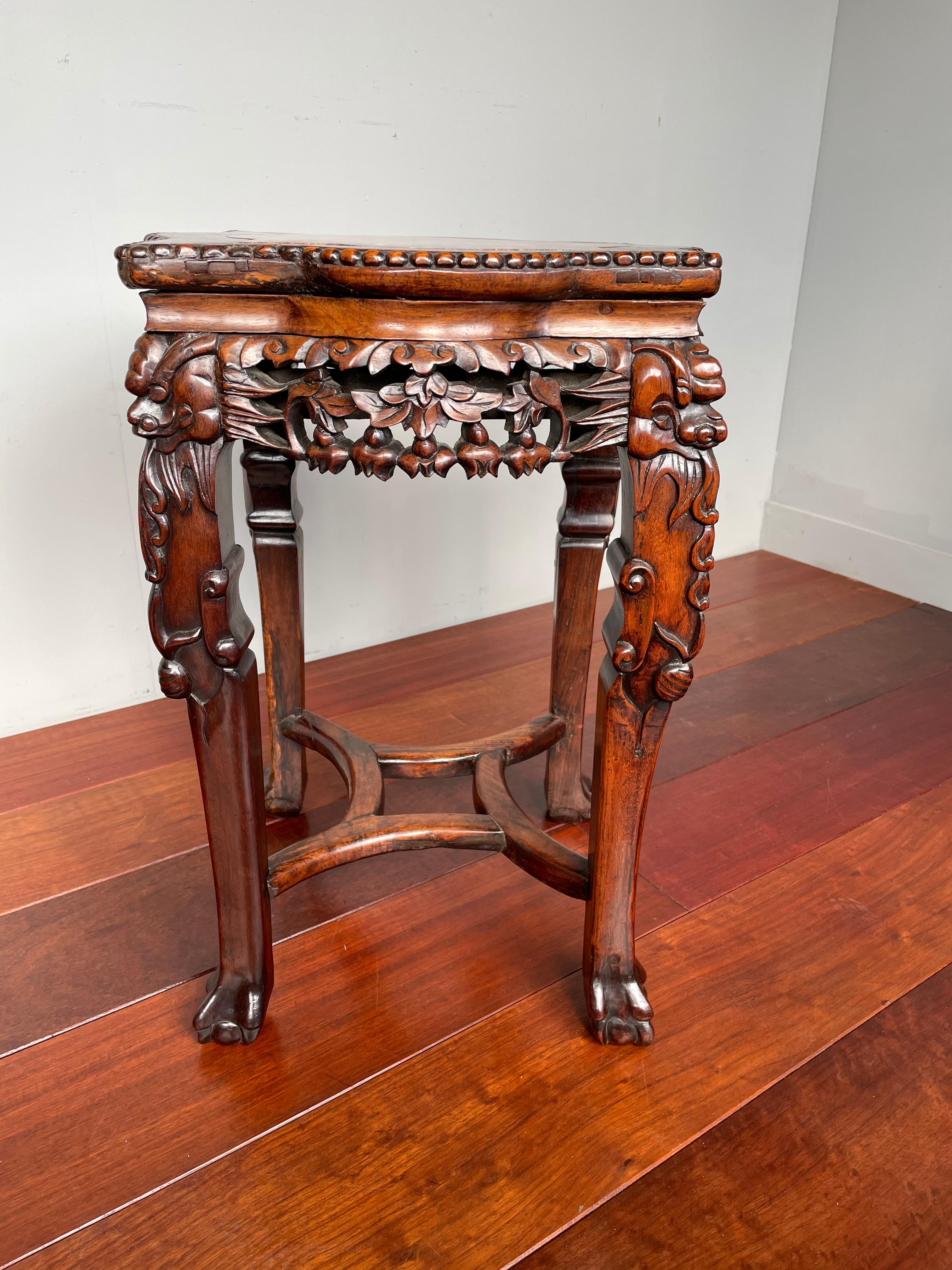 Antique Hand Carved Chinese Walnut & Marble Plant Stand / End Table w. Signature 3