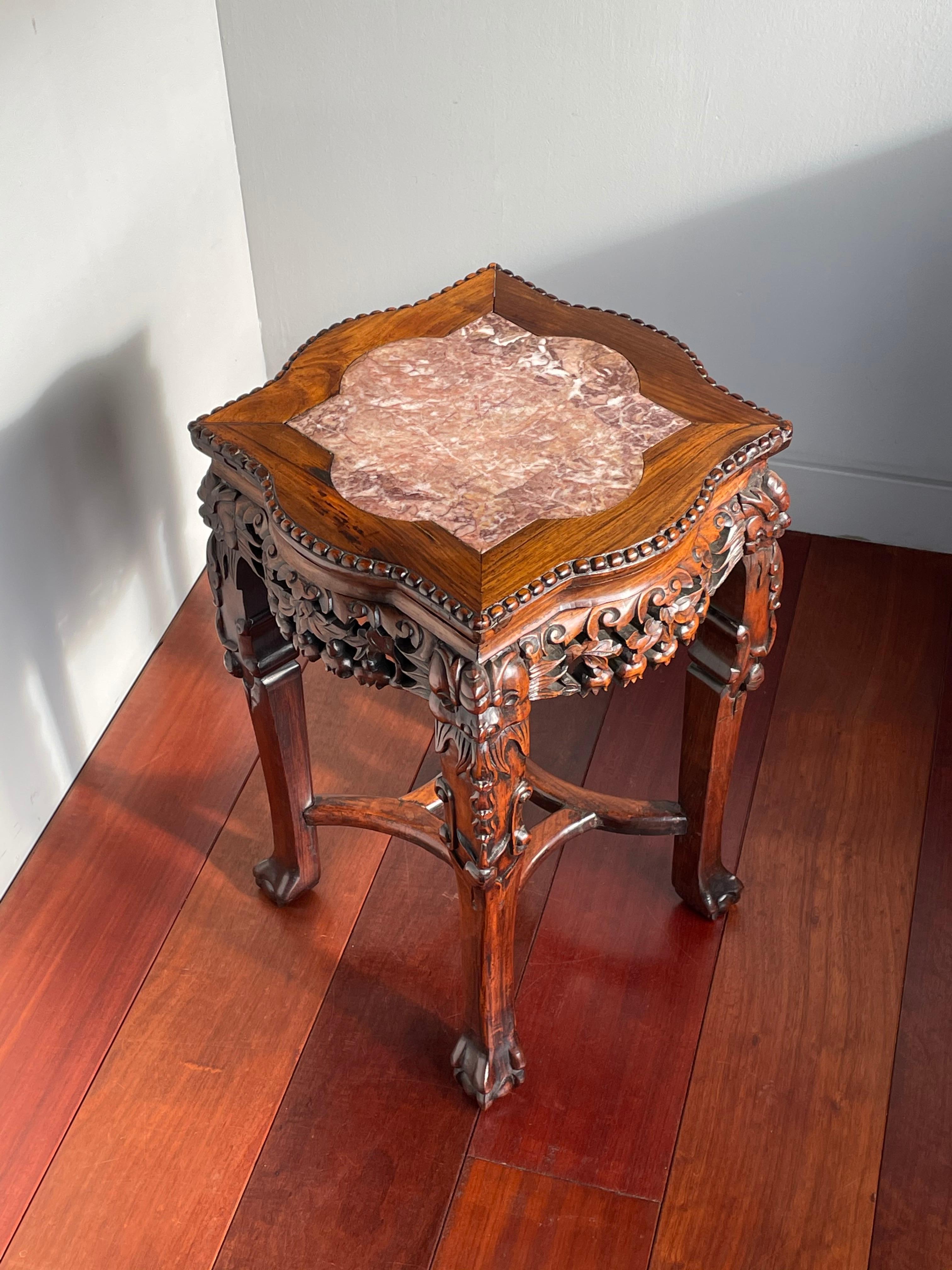 Antique Hand Carved Chinese Walnut & Marble Plant Stand / End Table w. Signature 6