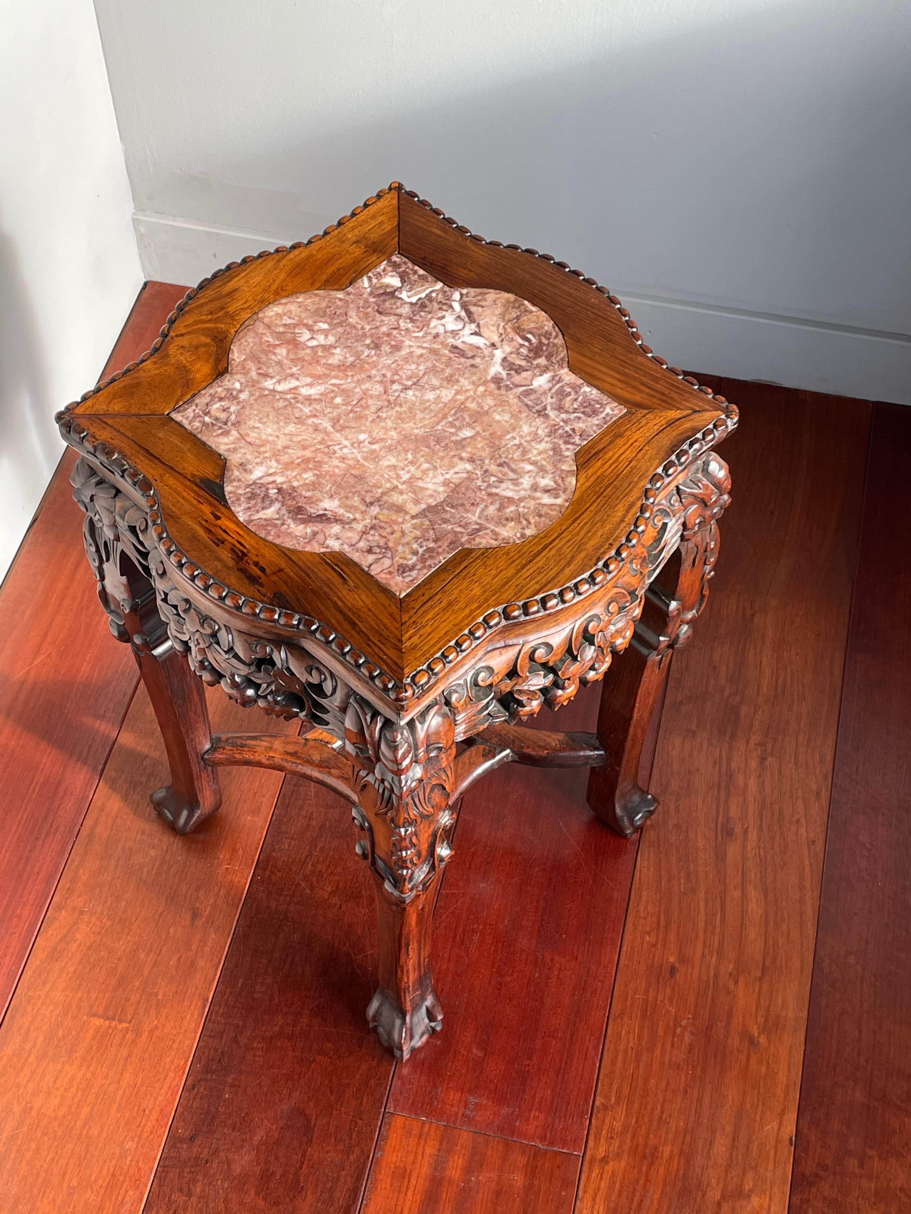 Antique Hand Carved Chinese Walnut & Marble Plant Stand / End Table w. Signature 8