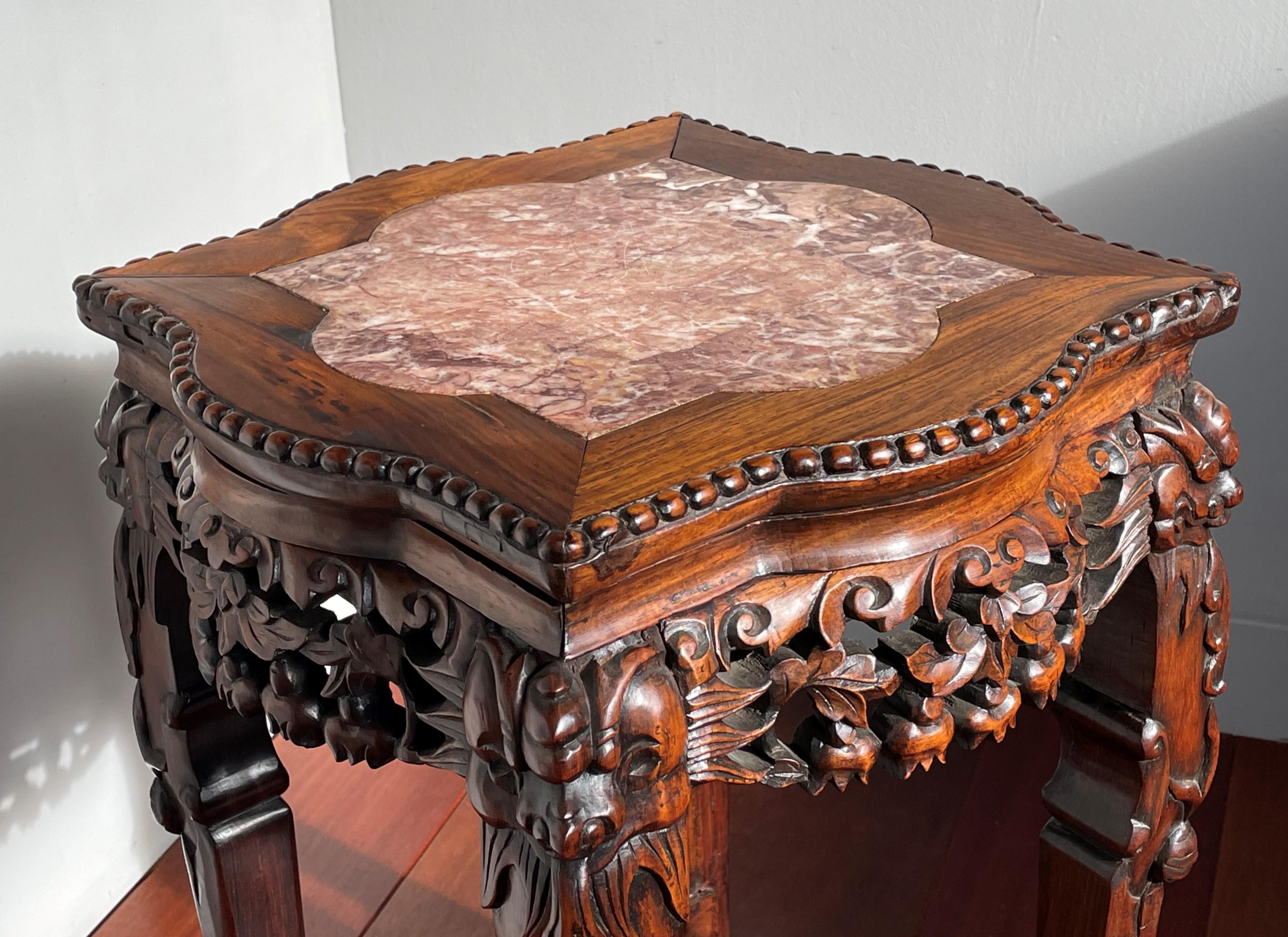 Perfect size, 19th century Chinese stand, marked with calligraphy signature underneath.

This entirely handcrafted, Chinese table from circa 1880-1890 is as strong and stable as the day it was made and it has the most beautiful patina. Unfortunately