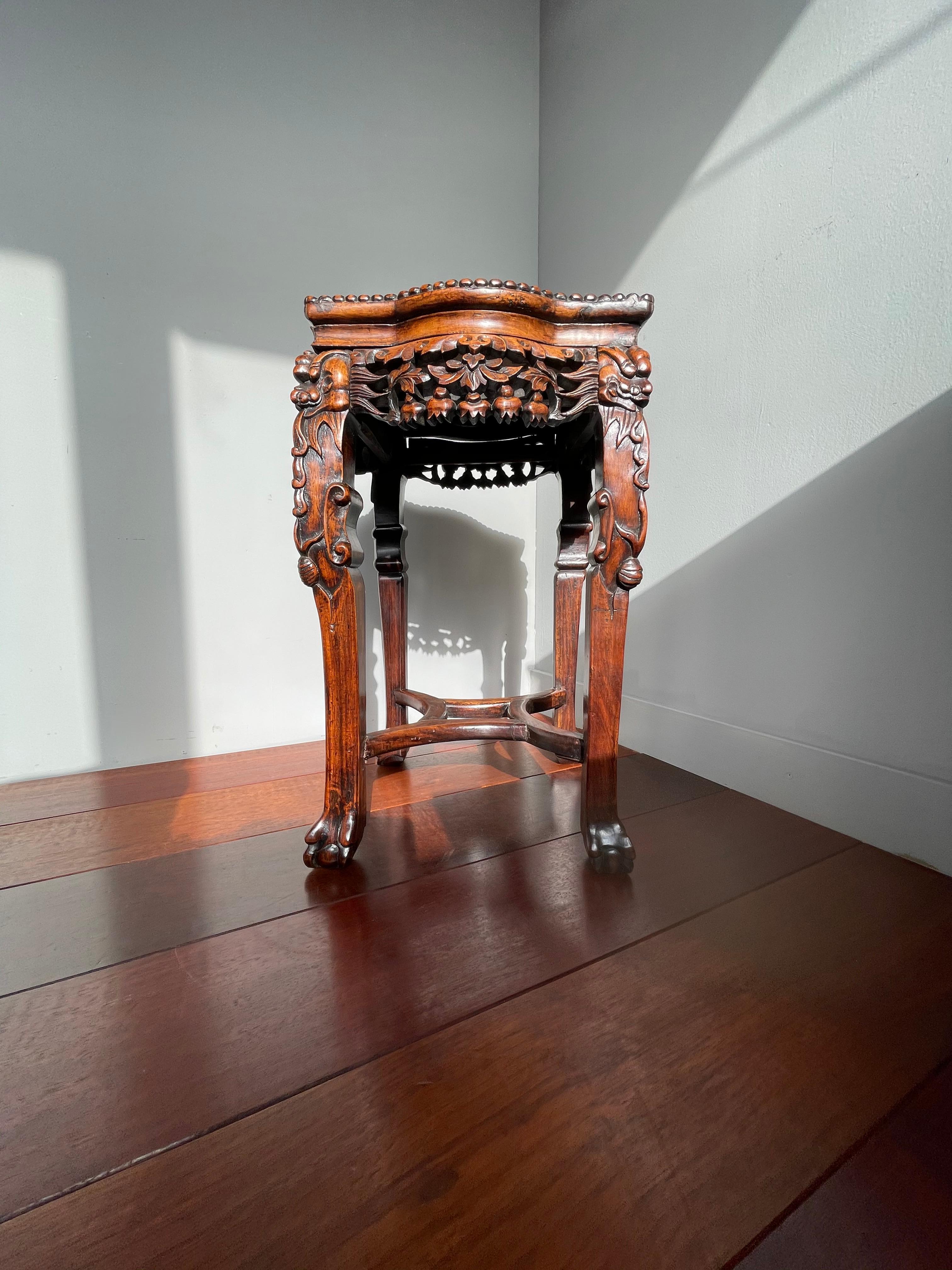 Chinese Export Antique Hand Carved Chinese Walnut & Marble Plant Stand / End Table w. Signature