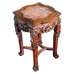 Antique Hand Carved Chinese Walnut & Marble Plant Stand / End Table w. Signature