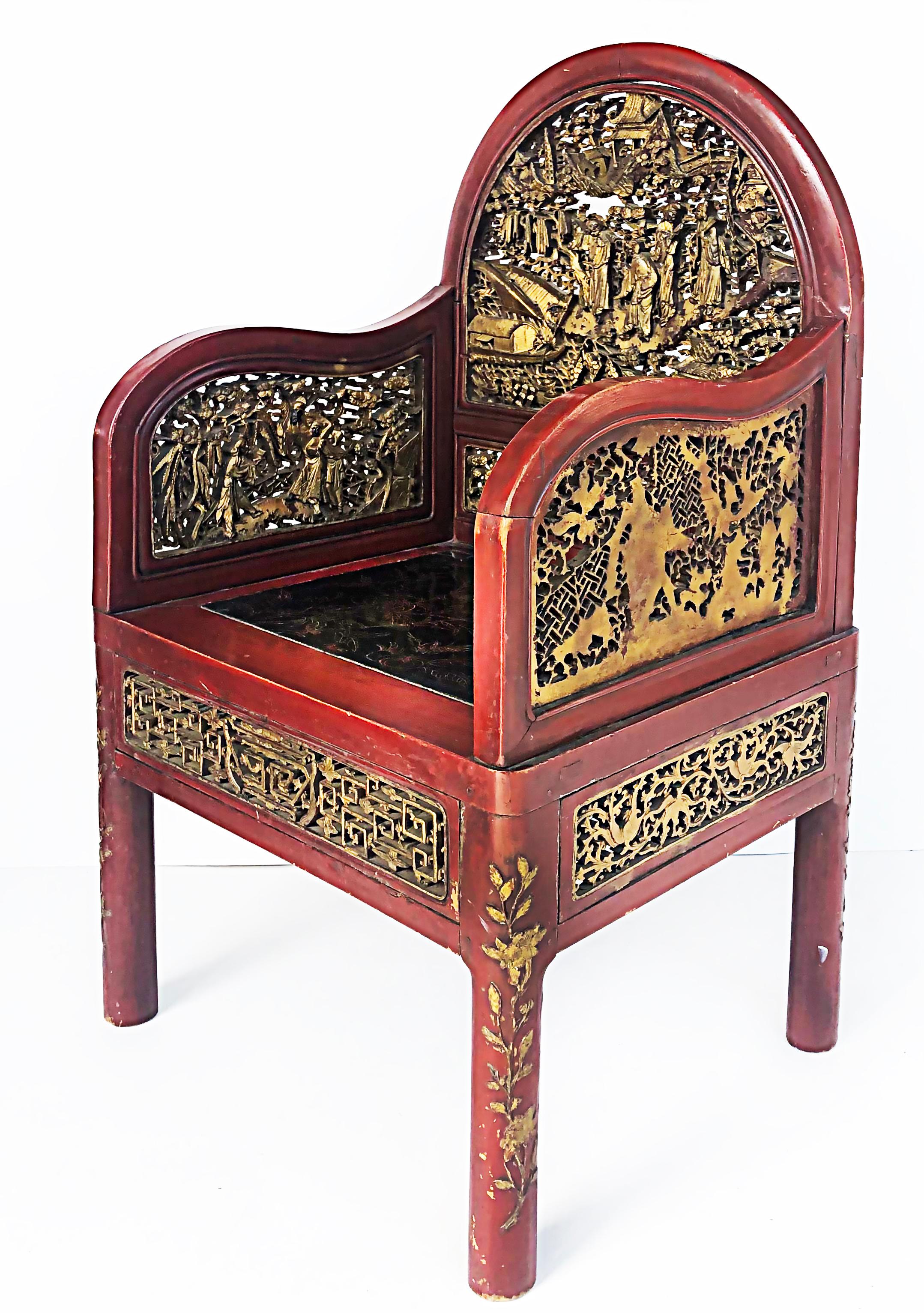 Antique carved Chinese polychrome and gilt armchairs

Offered for sale is a pair of antique early 20th century heavily carved lacquered and gilt armchairs from China. The chairs have totally different scenes carved on the backs and arms. Someone