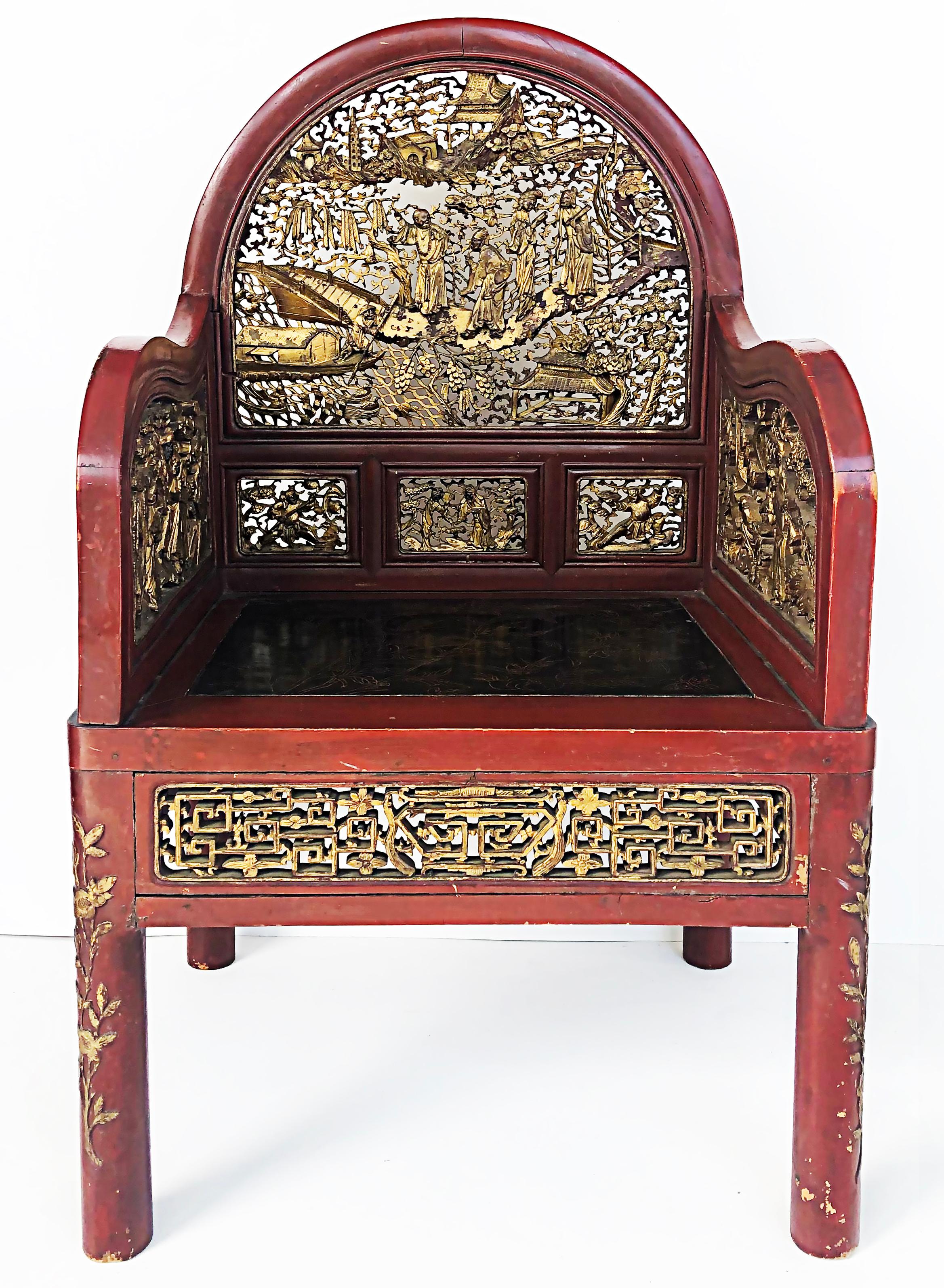 Chinoiserie Antique Carved Chinese Polychrome and Gilt Armchairs