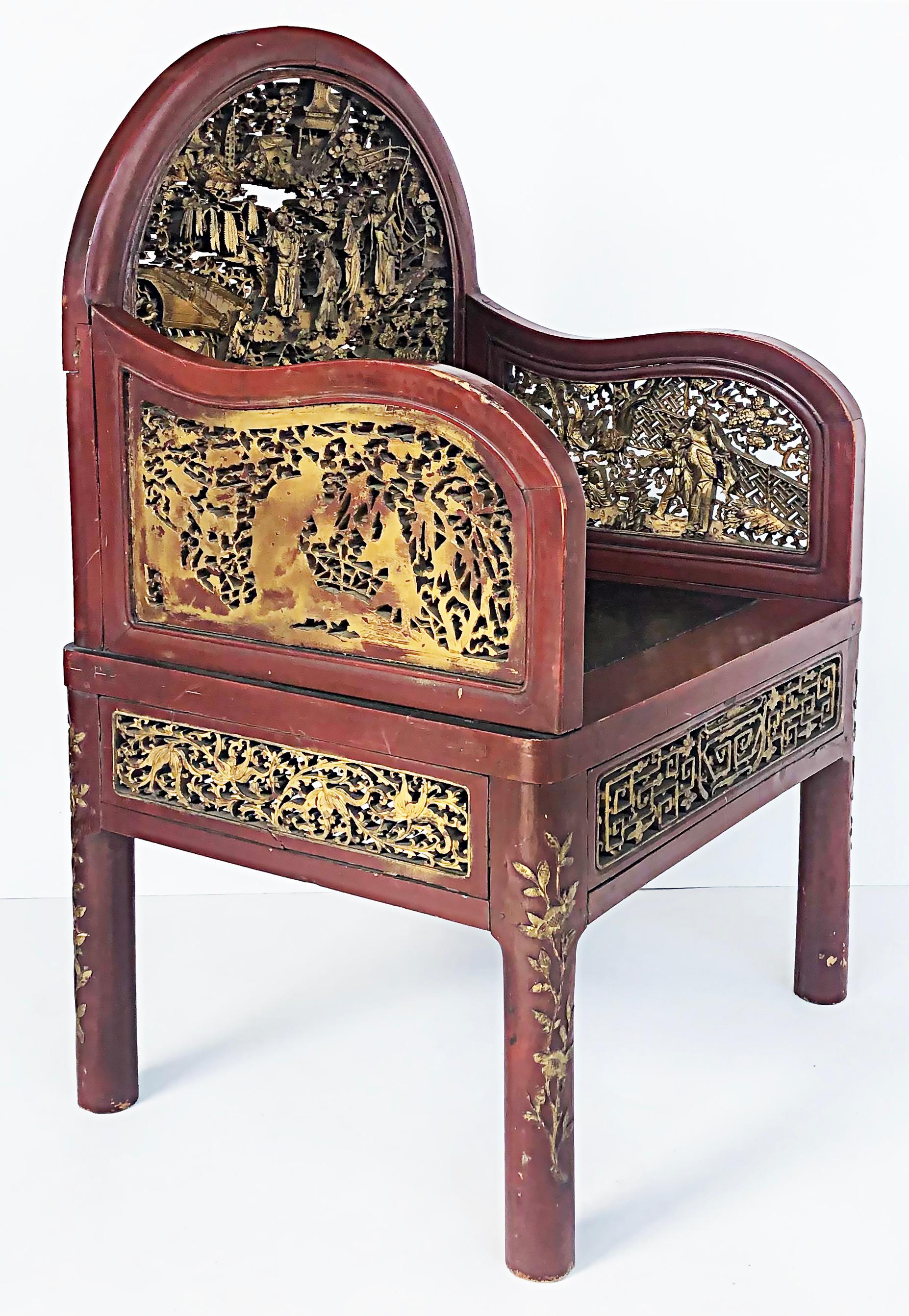 Antique Carved Chinese Polychrome and Gilt Armchairs In Good Condition In Miami, FL