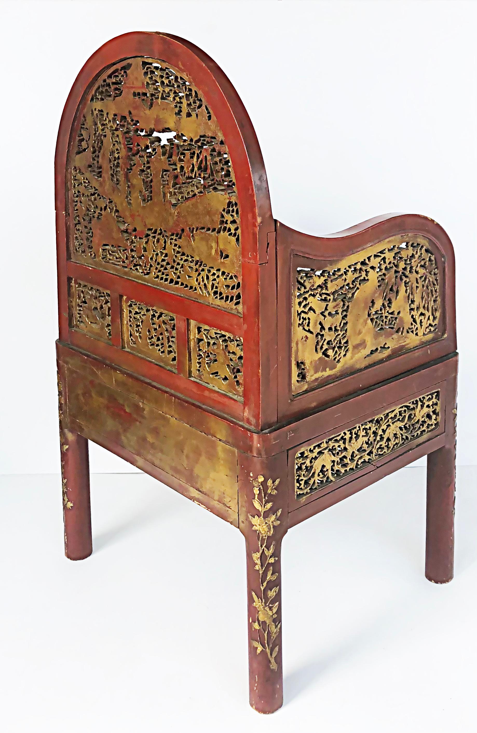 Elm Antique Carved Chinese Polychrome and Gilt Armchairs