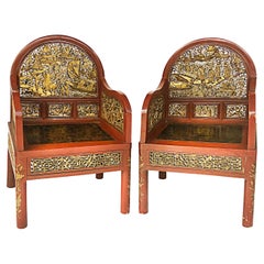Antique Carved Chinese Polychrome and Gilt Armchairs