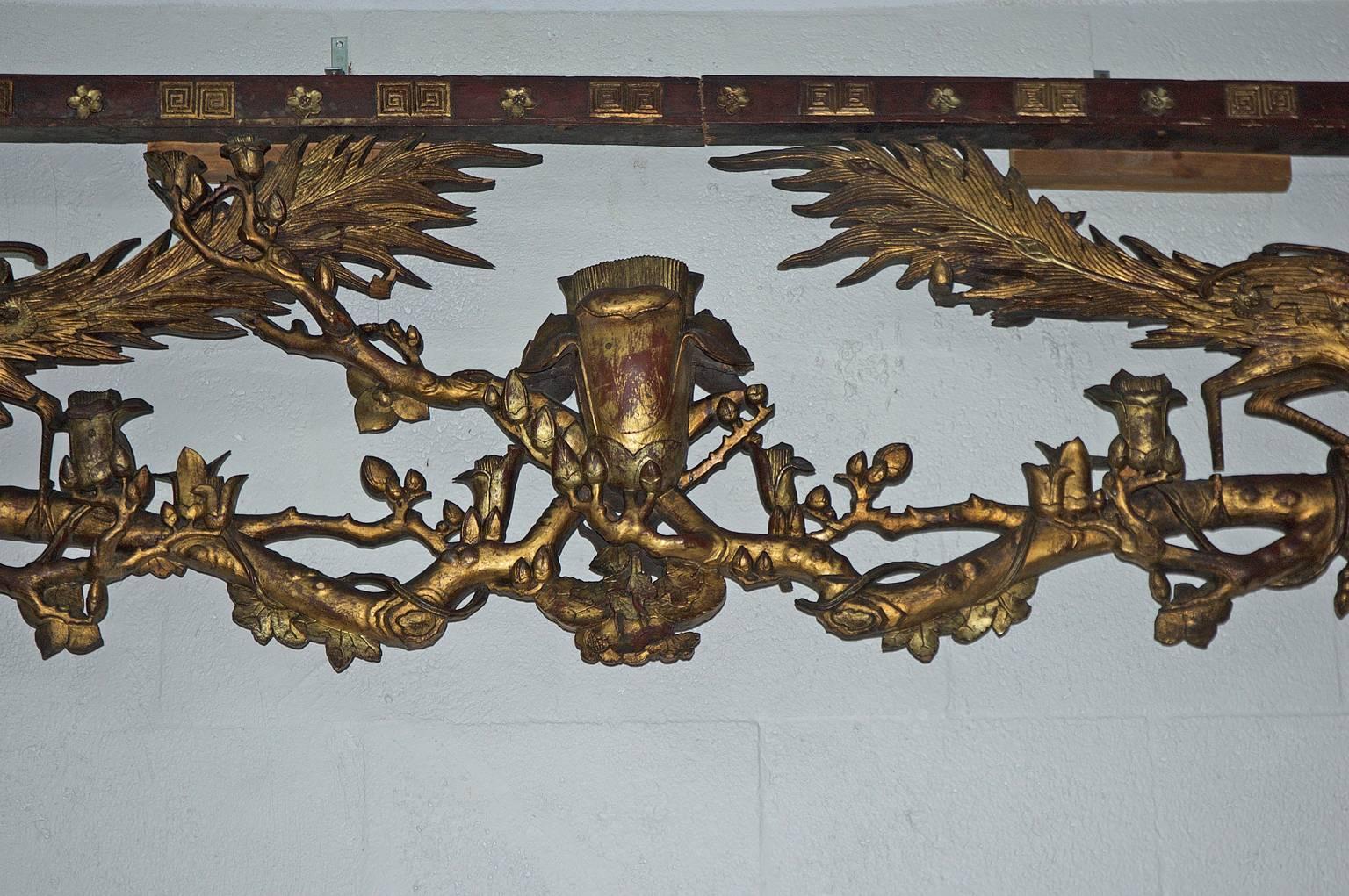 Antique Carved Chinese Qing Surround in Gilded Wood w Foo Dogs, Birds & Flowers 4