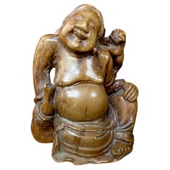 Ancienne figure chinoise sculptée en stéatite d'un homme et d'un chien Foo