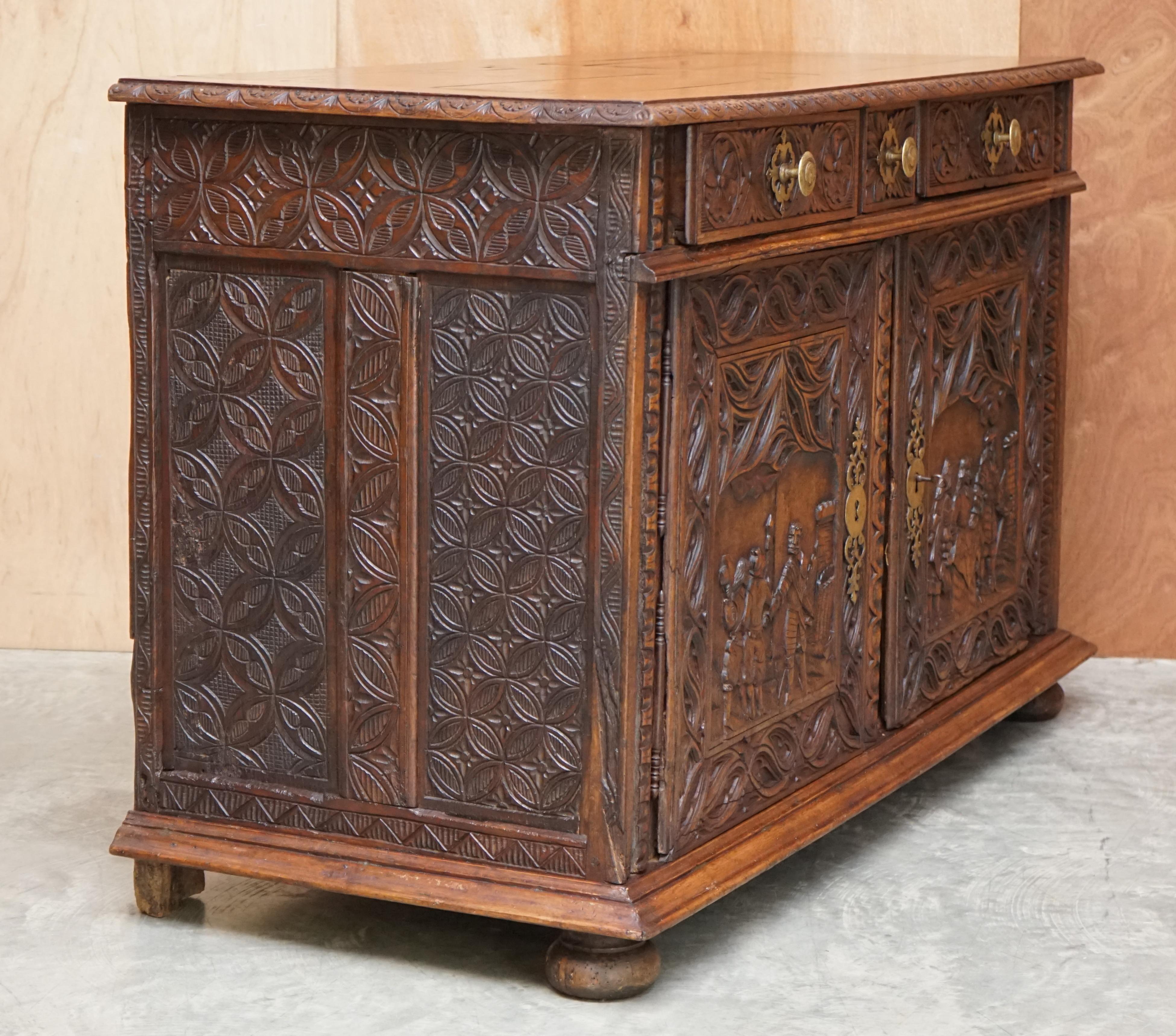Antique Carved Circa 1800 Continental Oak Sideboard Beautiful Military Panels For Sale 5