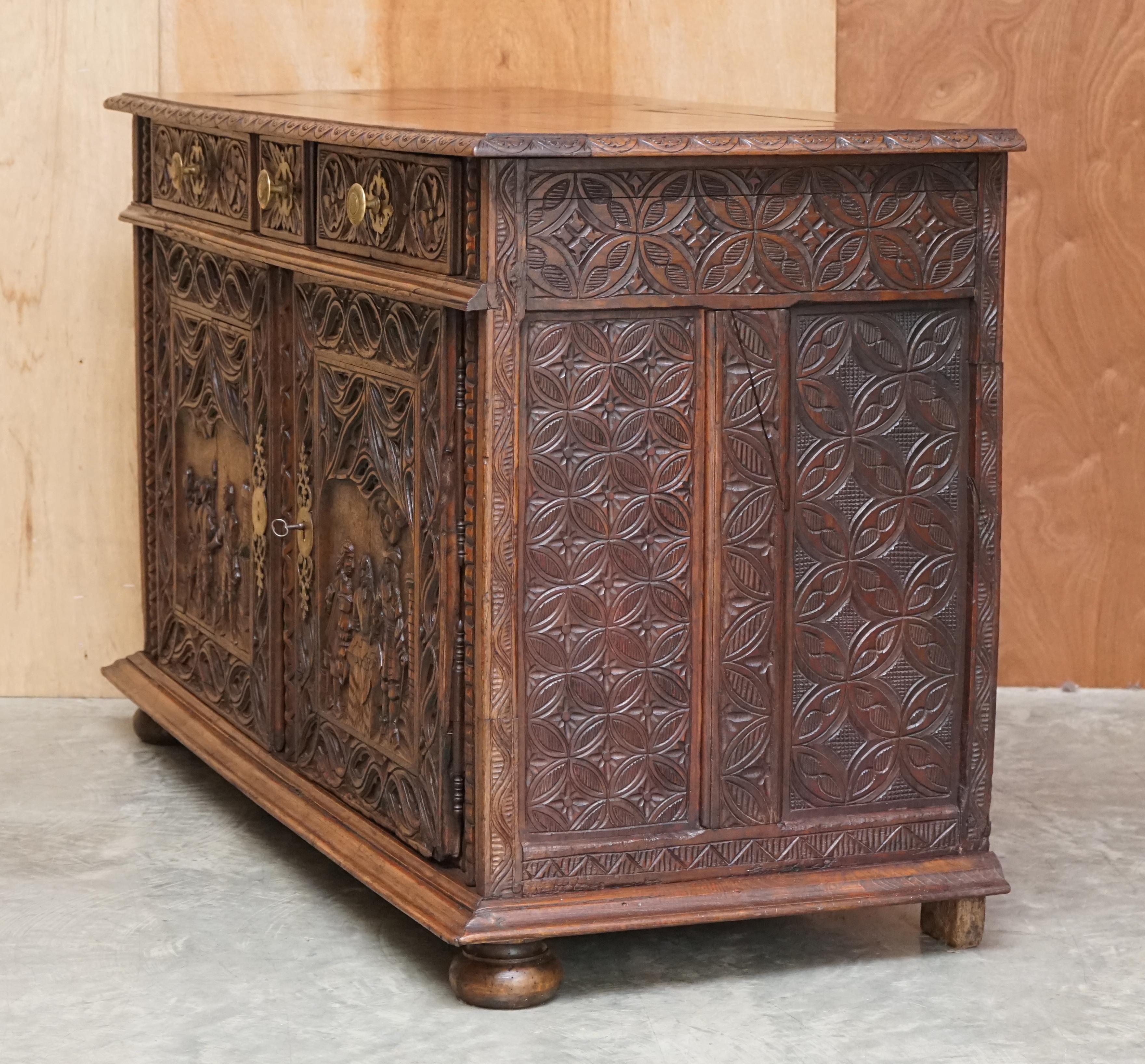 Antique Carved Circa 1800 Continental Oak Sideboard Beautiful Military Panels For Sale 7