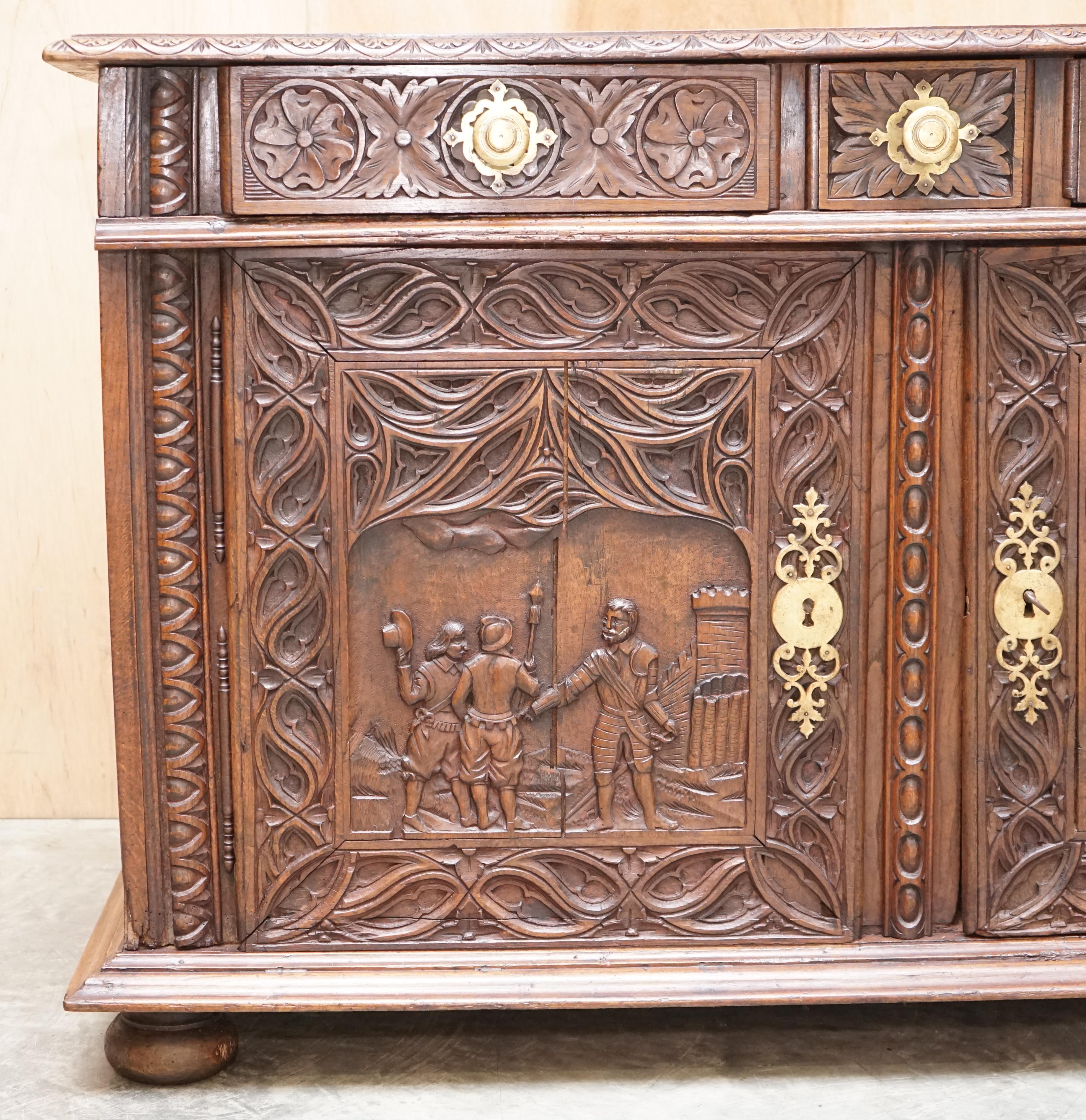 Danish Antique Carved Circa 1800 Continental Oak Sideboard Beautiful Military Panels For Sale