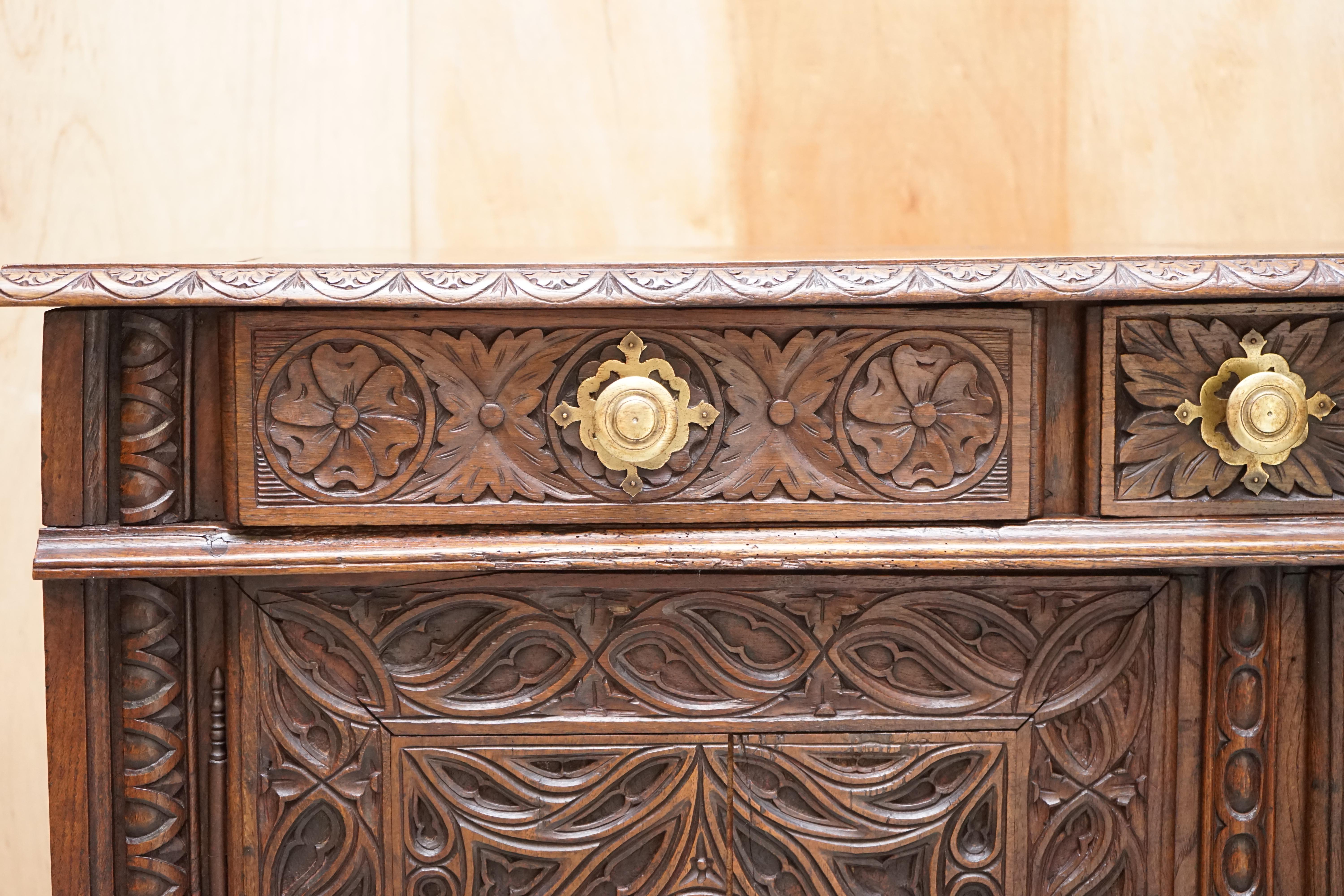 Antique Carved Circa 1800 Continental Oak Sideboard Beautiful Military Panels For Sale 1