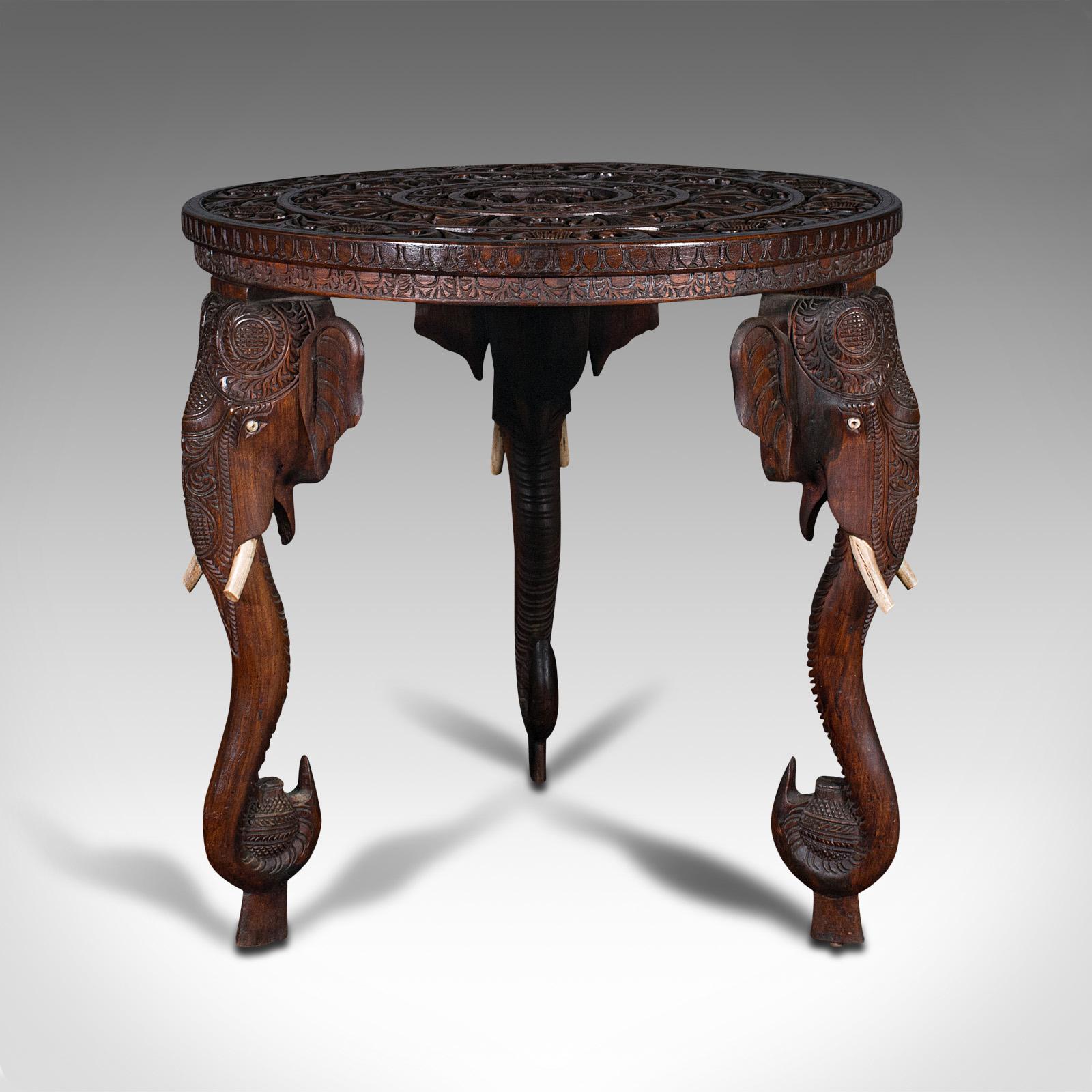 Antique Carved Circular Table, Indian, Teak, Colonial, Campaign, Victorian, 1900 1