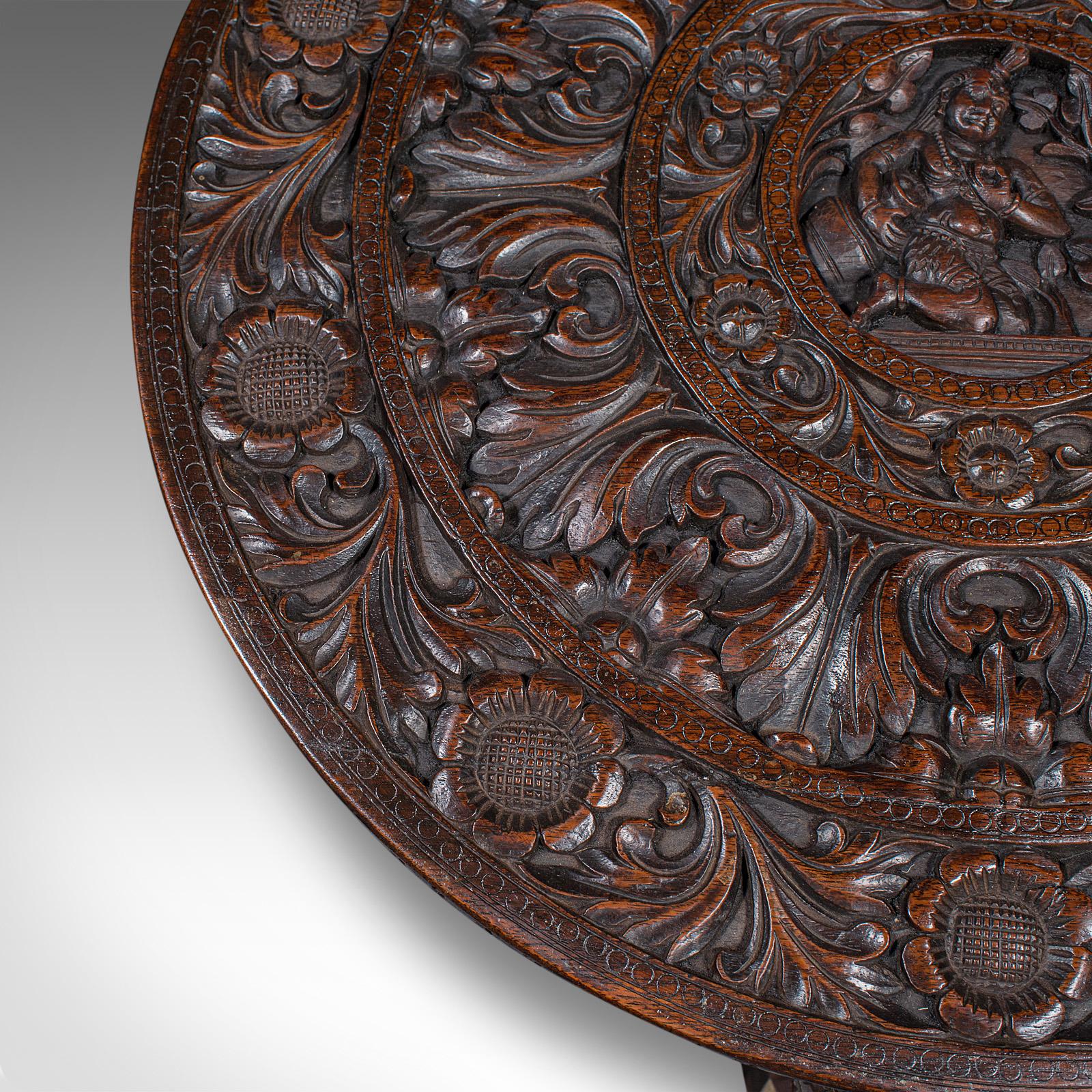 Antique Carved Circular Table, Indian, Teak, Colonial, Campaign, Victorian, 1900 5