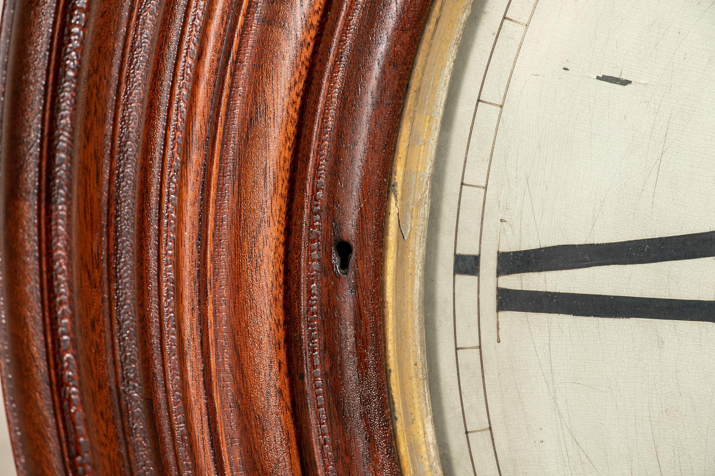 Mahogany Antique Carved Circular Wall Clock by Wilbur V. Wigans Jewelers For Sale