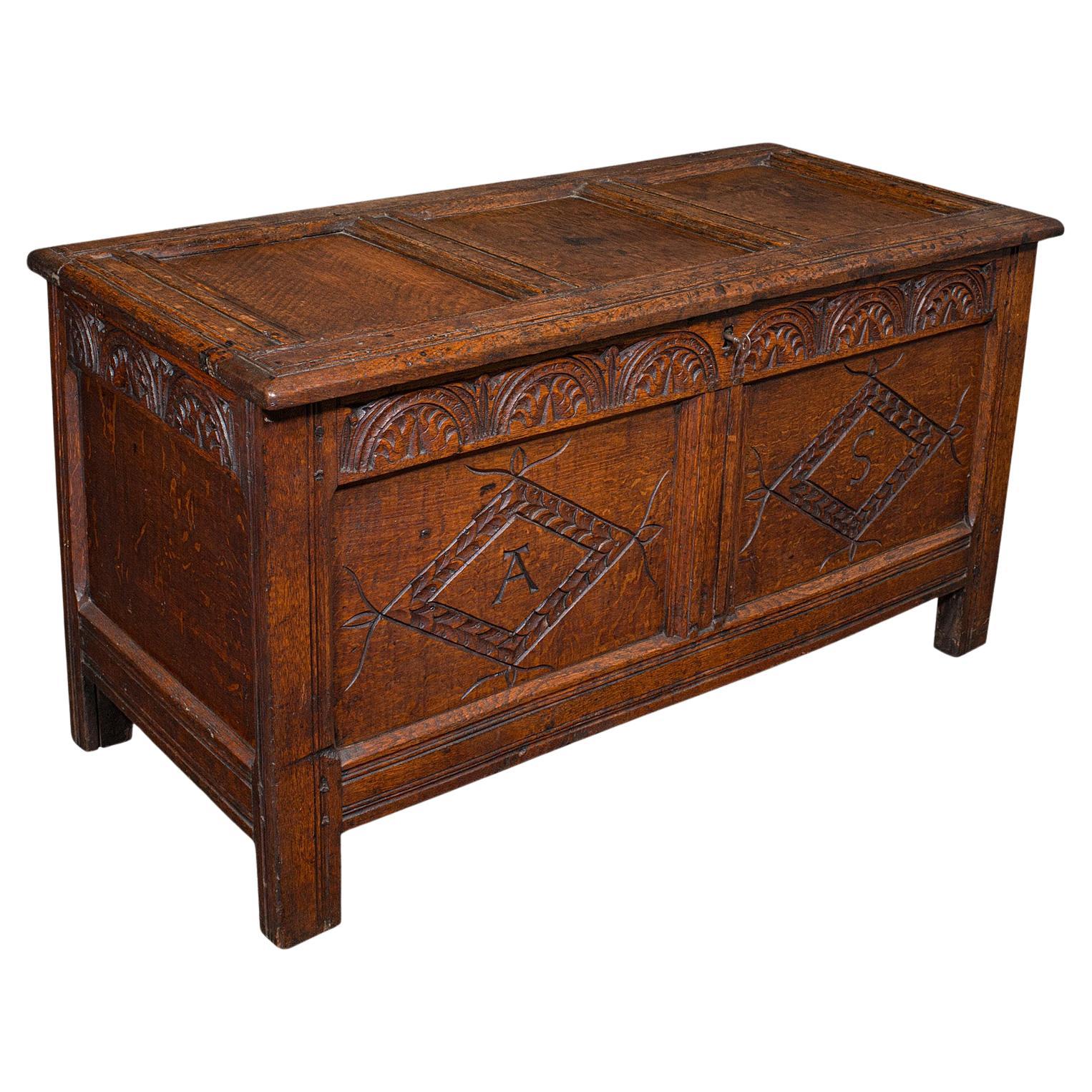 Antique Carved Coffer, English, Oak, Linen Chest, Window Seat, William III, 1700