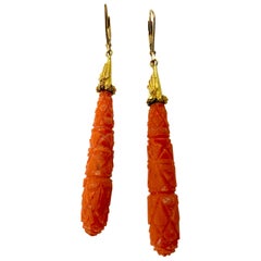 Antique Etruscan Revival Carved Coral 18 Karat Yellow Gold Earrings, circa 1870