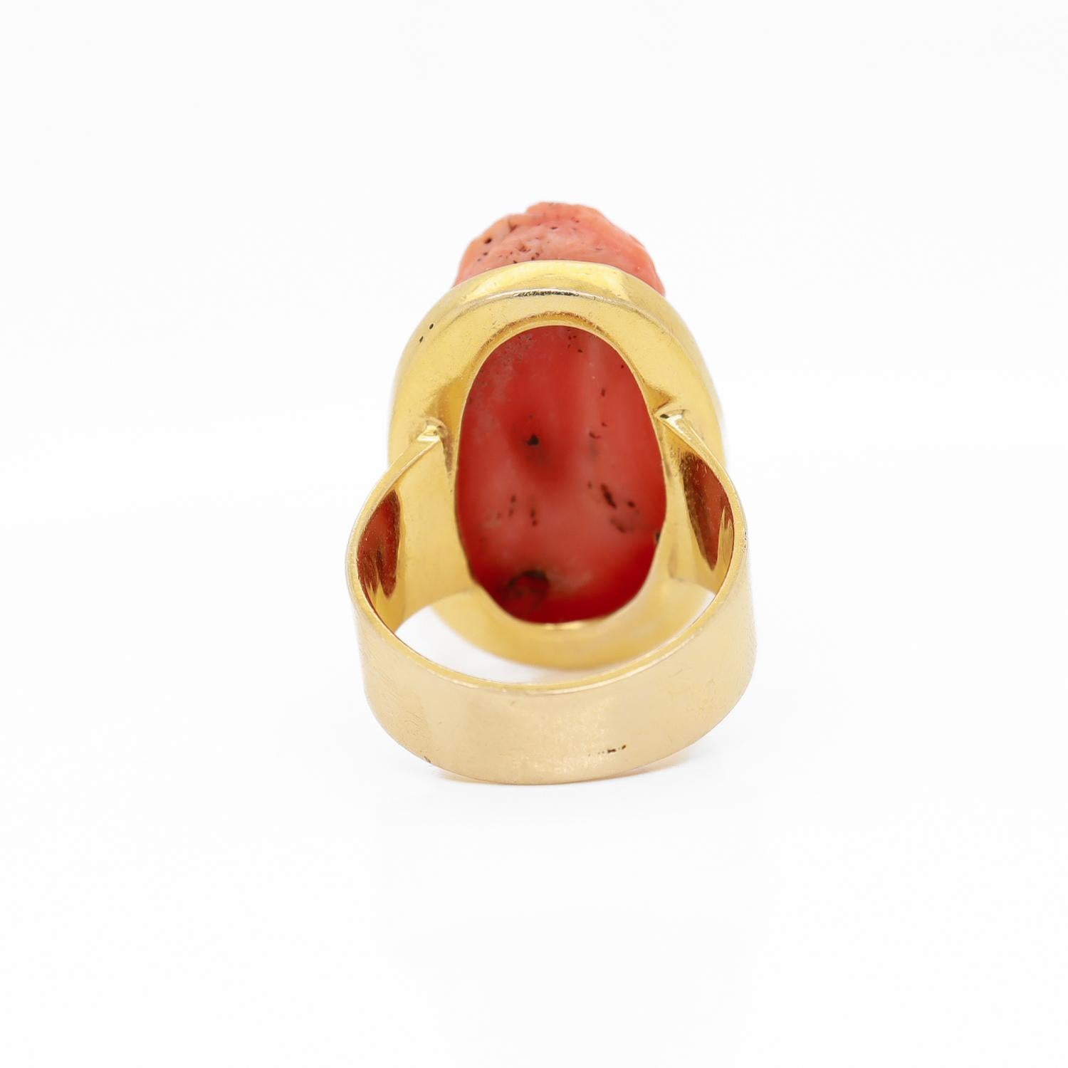 Antique Carved Coral Cameo & 14K Gold Mounted Signet Style Ring For Sale 4