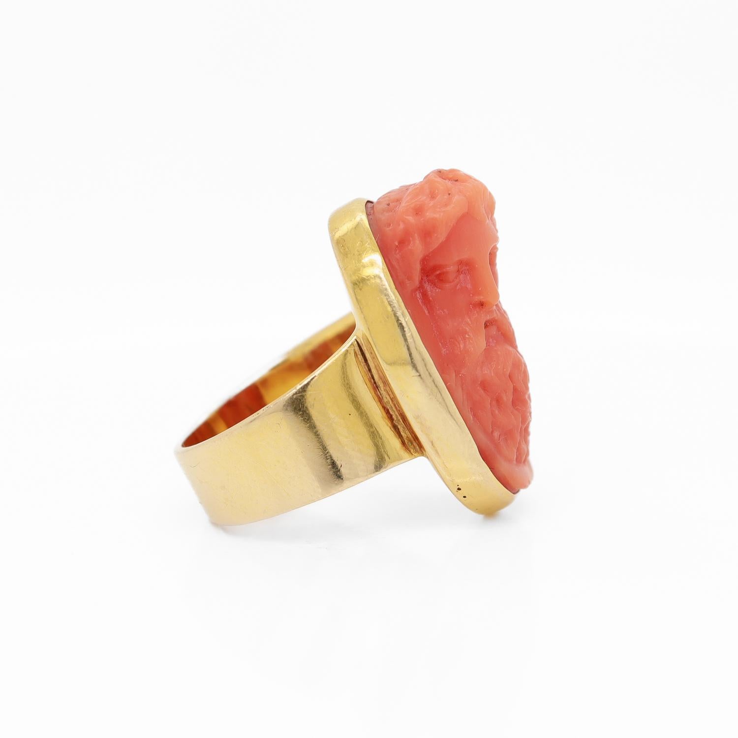 Antique Carved Coral Cameo & 14K Gold Mounted Signet Style Ring For Sale 5