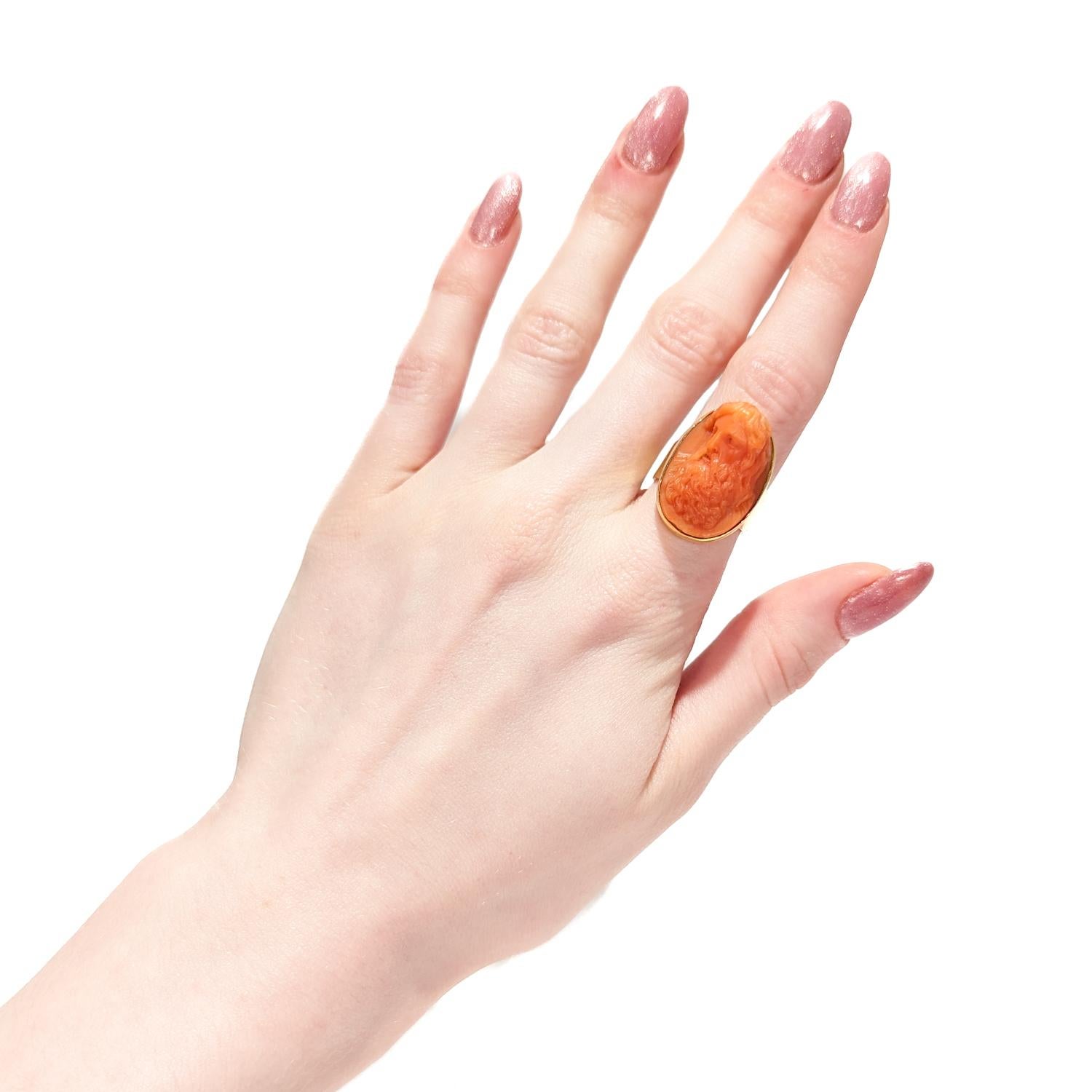 Renaissance Revival Antique Carved Coral Cameo & 14K Gold Mounted Signet Style Ring For Sale